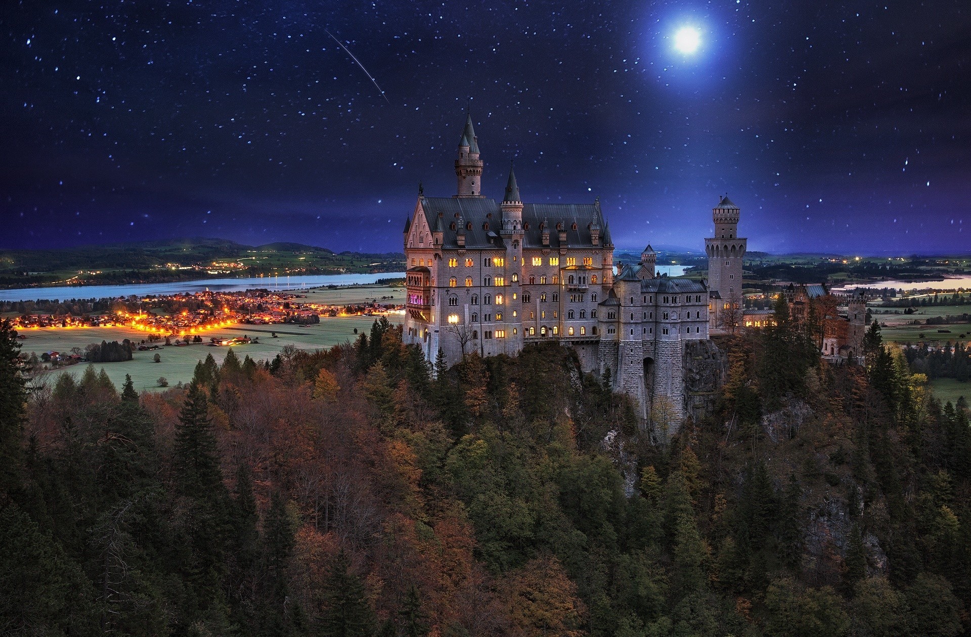 Germany Meteor Moon Neuschwanstein Castle Night Stars 1920x1260