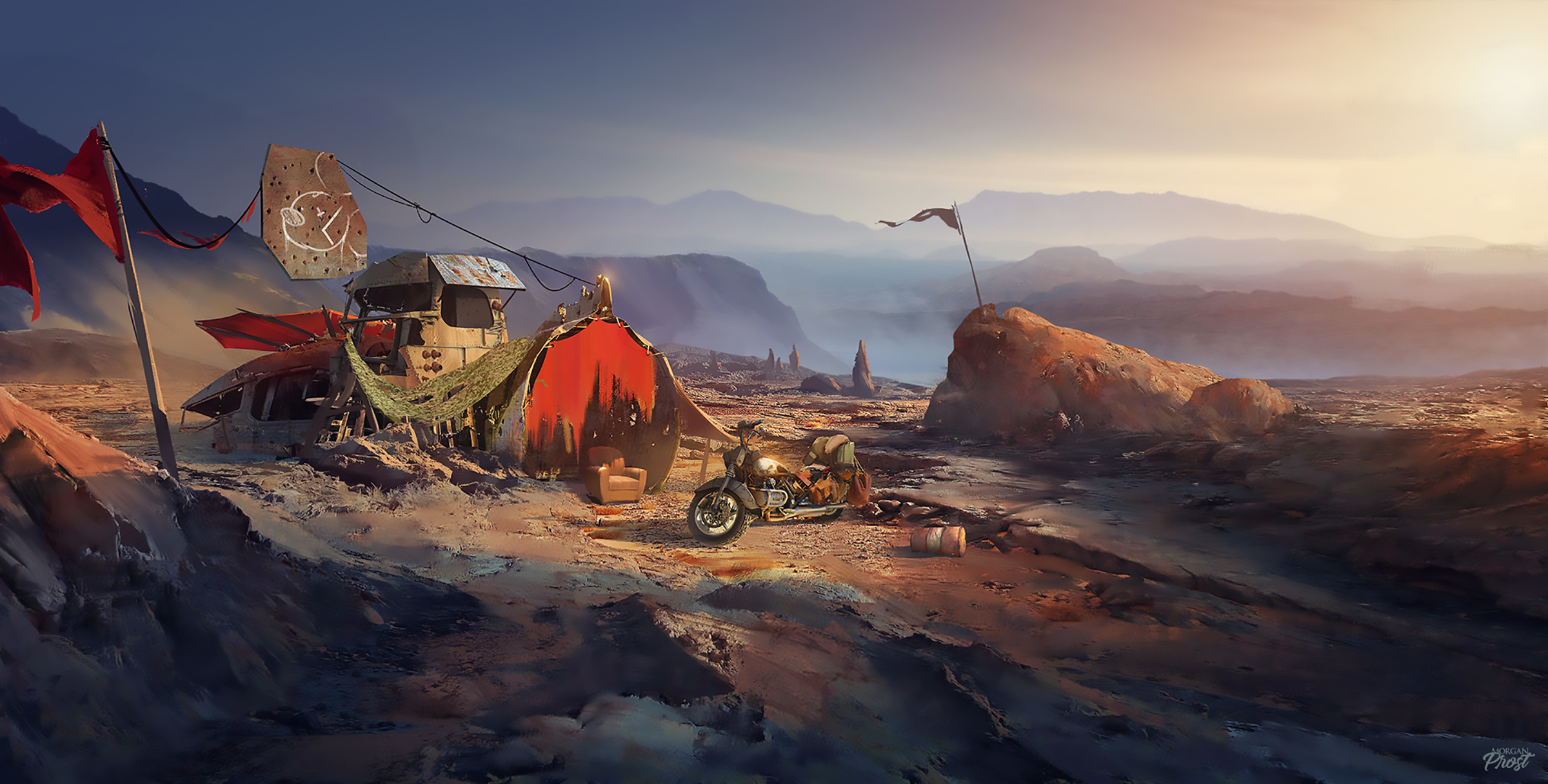 Camp Motorcycle Mountain Post Apocalyptic 2400x1216