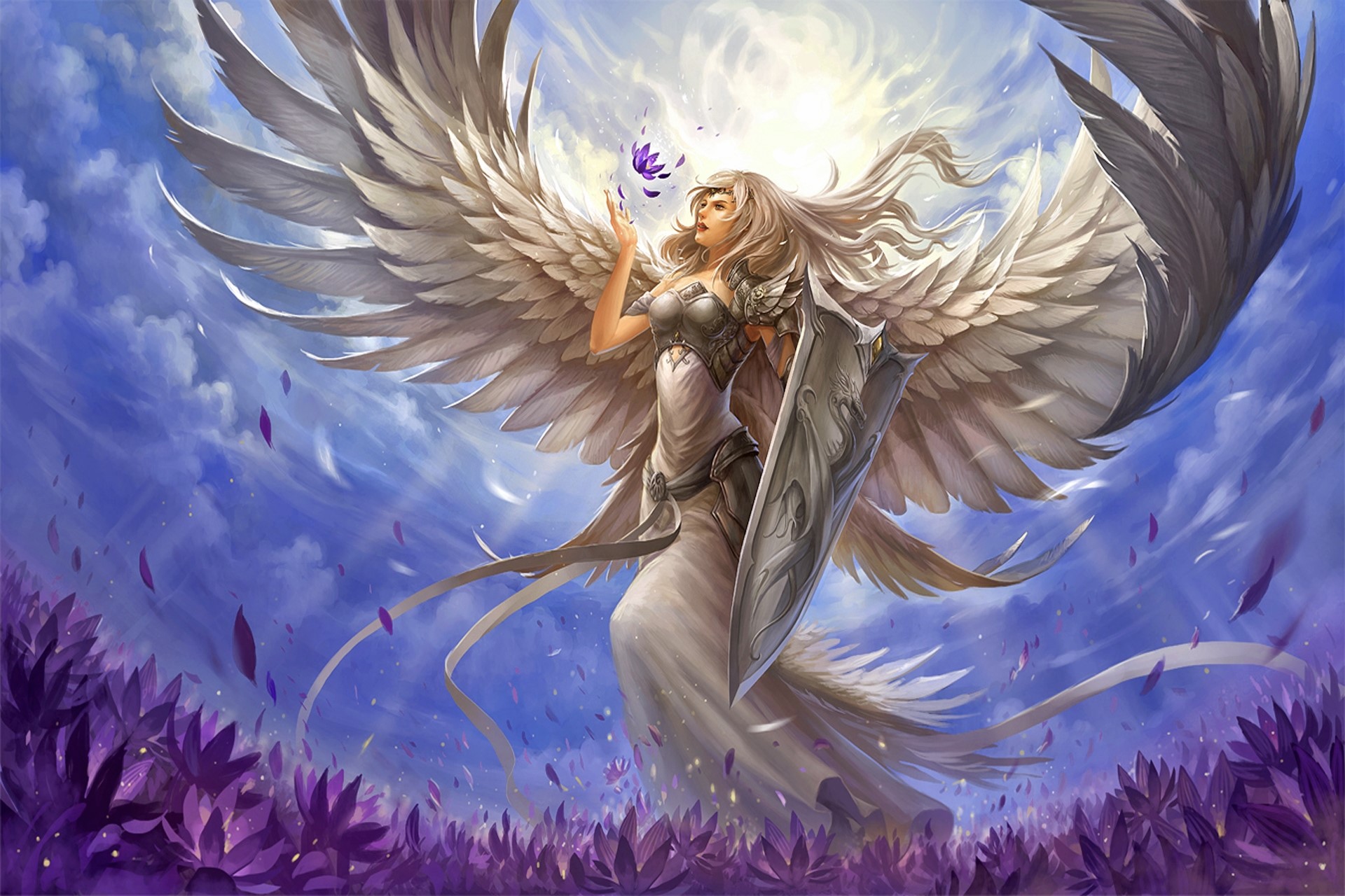 Angel Angel Warrior Fantasy Flower Girl Long Hair Purple Flower Shield White Hair Wings Woman 1920x1280