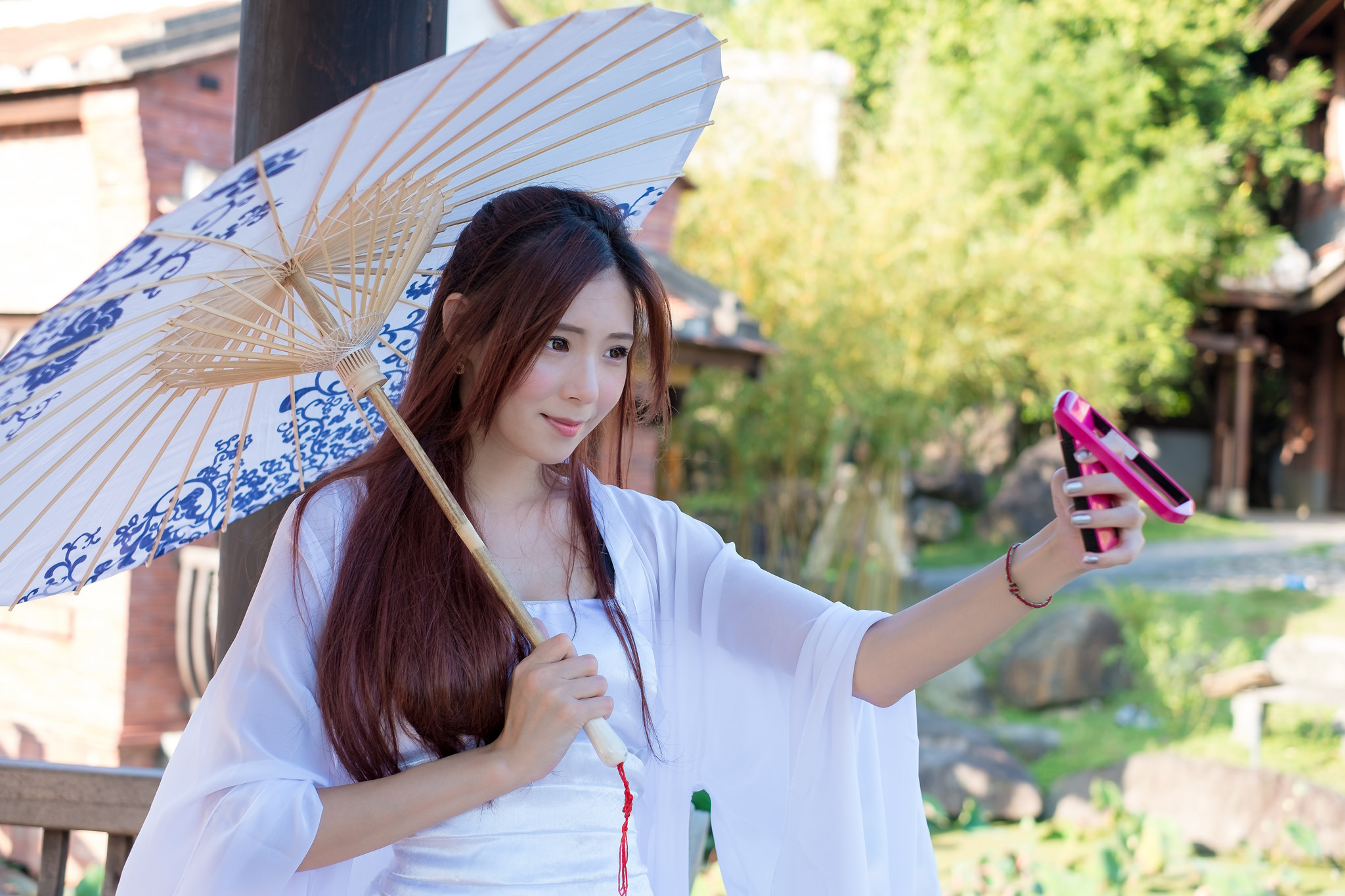 Asian Girl Phone Selfie Smile Summer Umbrella 2048x1365