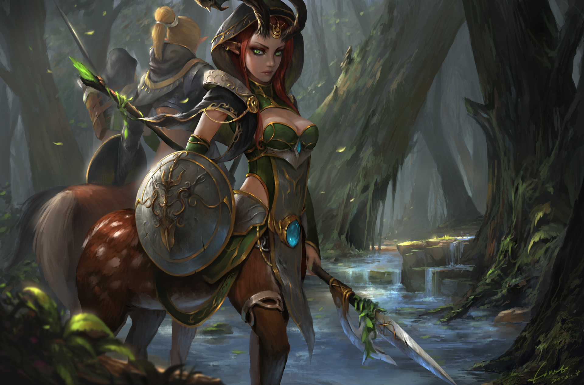 Centaur Fantasy Forest Girl Green Eyes Horns Pointed Ears Shield Warrior Woman 1920x1267