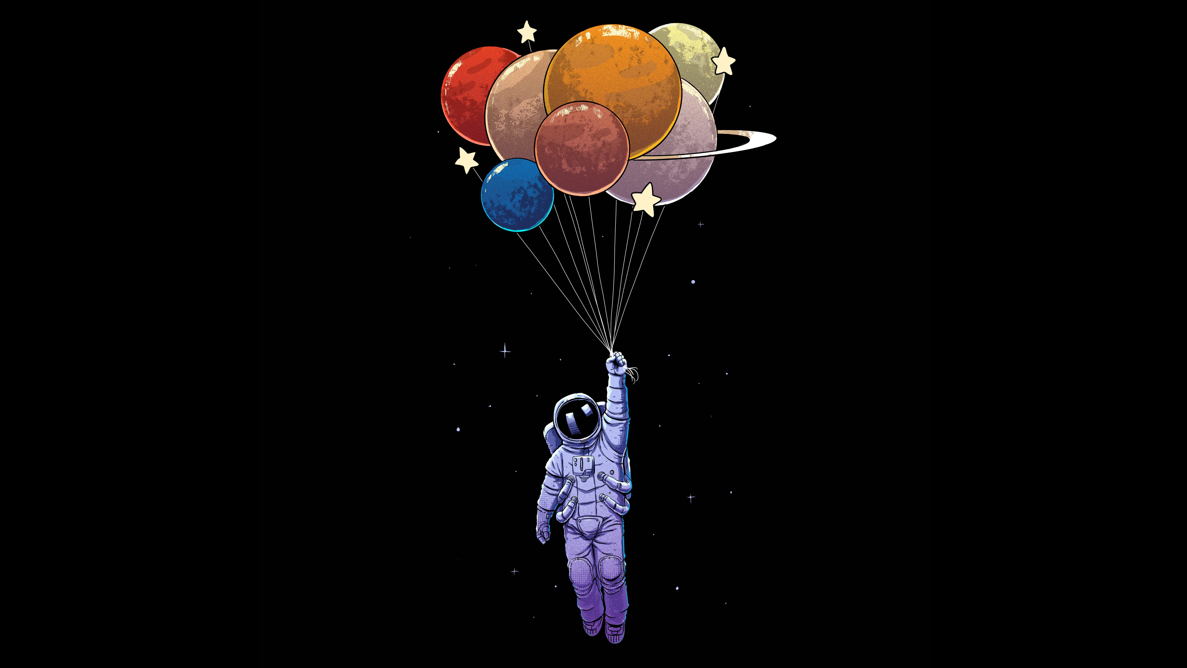 Astronaut Balloon Colorful Planet Spacesuit 3840x2160