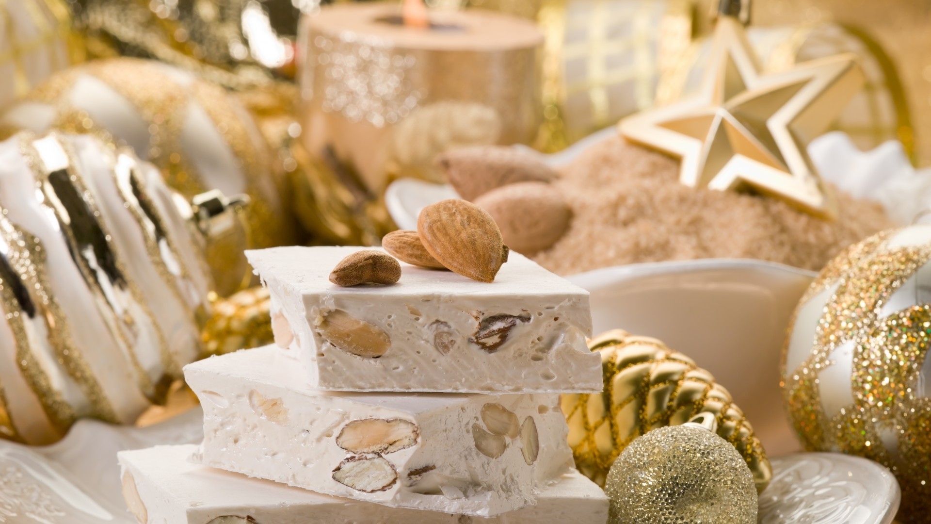 Almond Christmas Decoration Golden Nougat Star Sweets 1920x1080