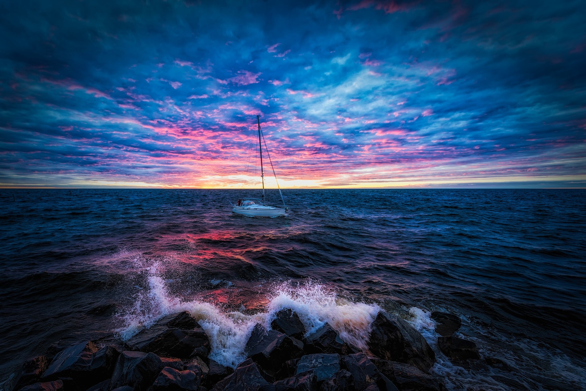 Boat Horizon Ocean Rock Sailboat Sea Sky Sunset Vehicle Wave 2048x1367
