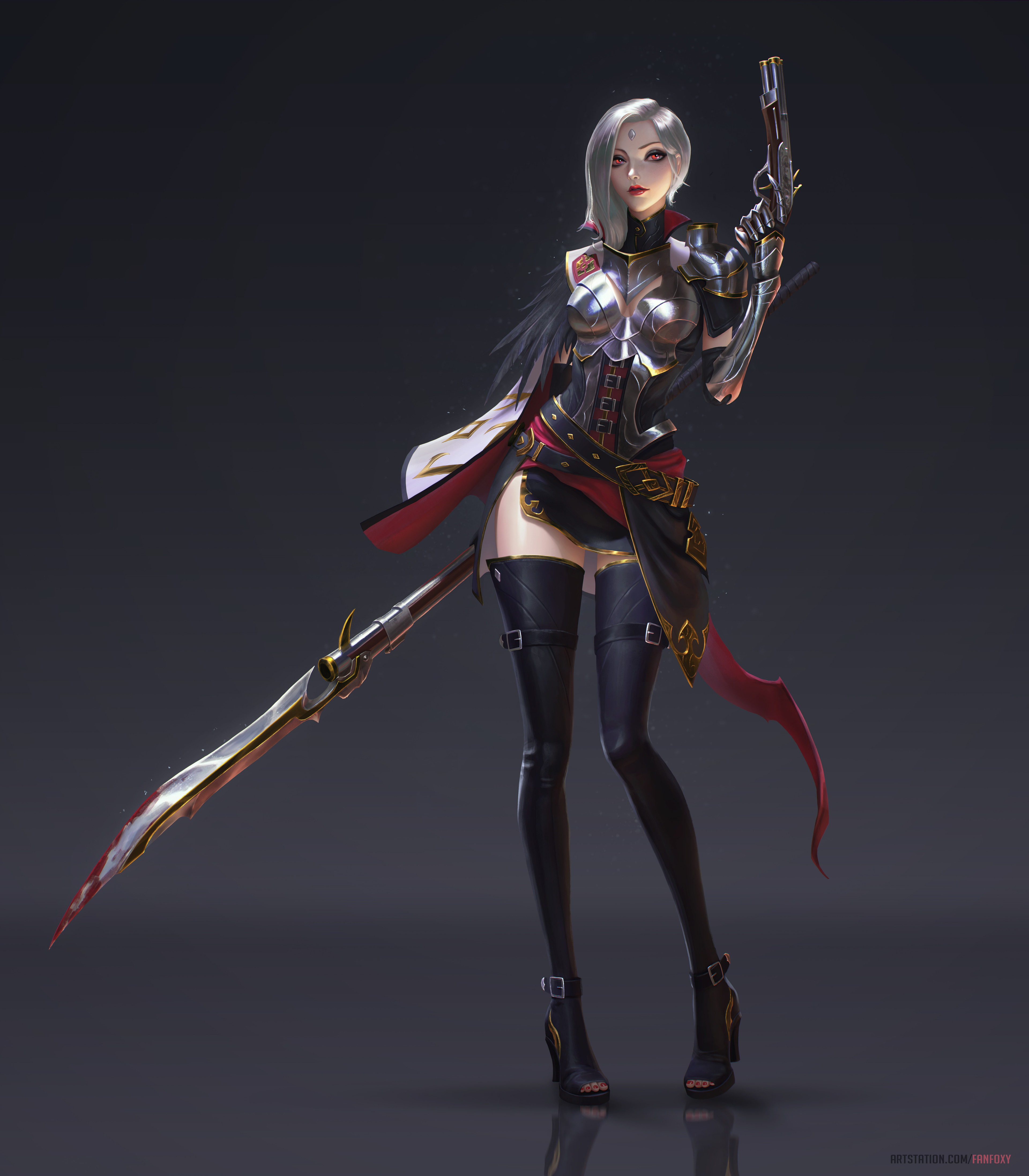 Fanfoxy Drawing Women Original Characters Silver Hair Short Hair Armor Weapon Gun Blades Thigh Highs 3840x4388