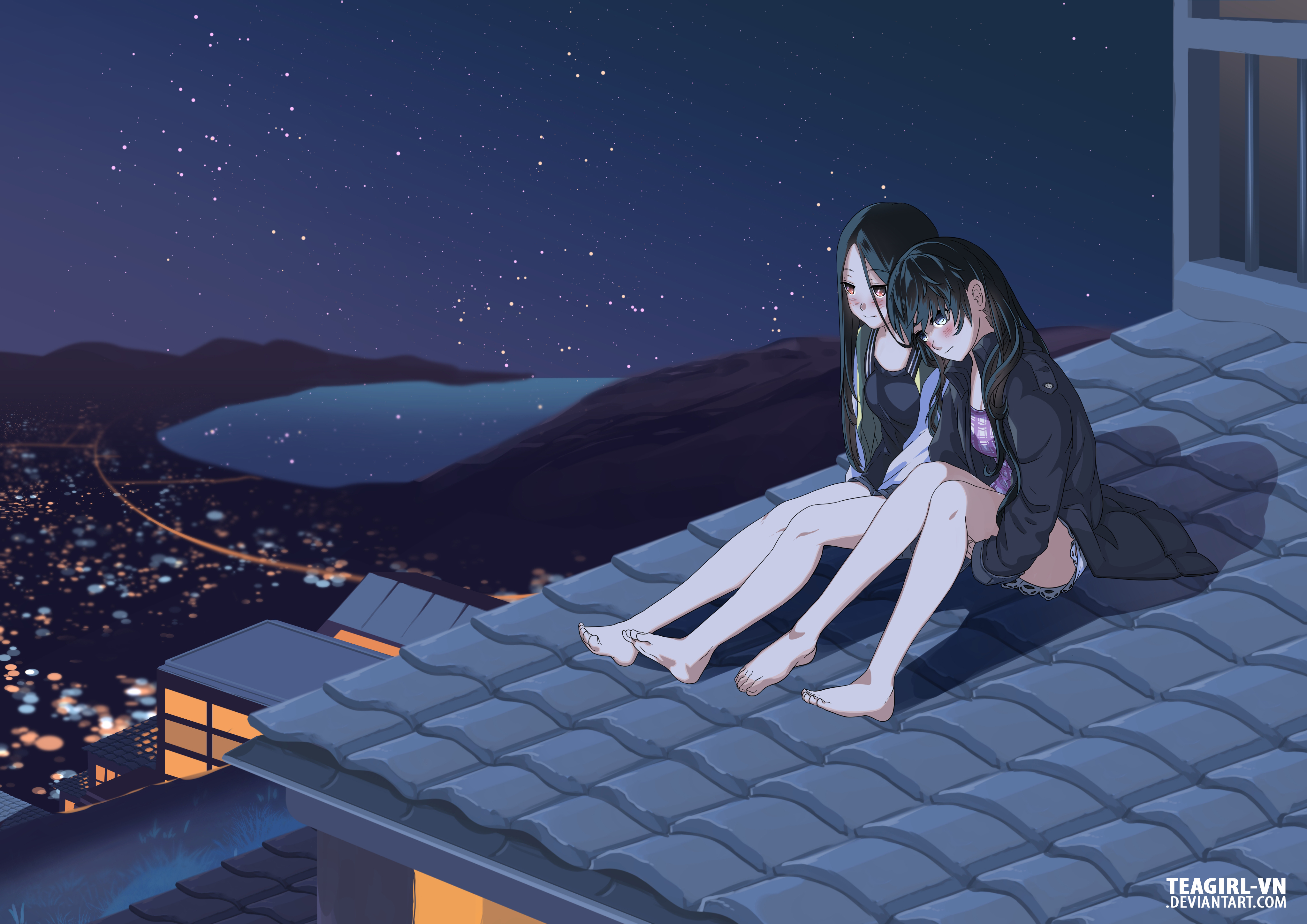 Girl Night Rooftop Stars Yuri 4093x2894