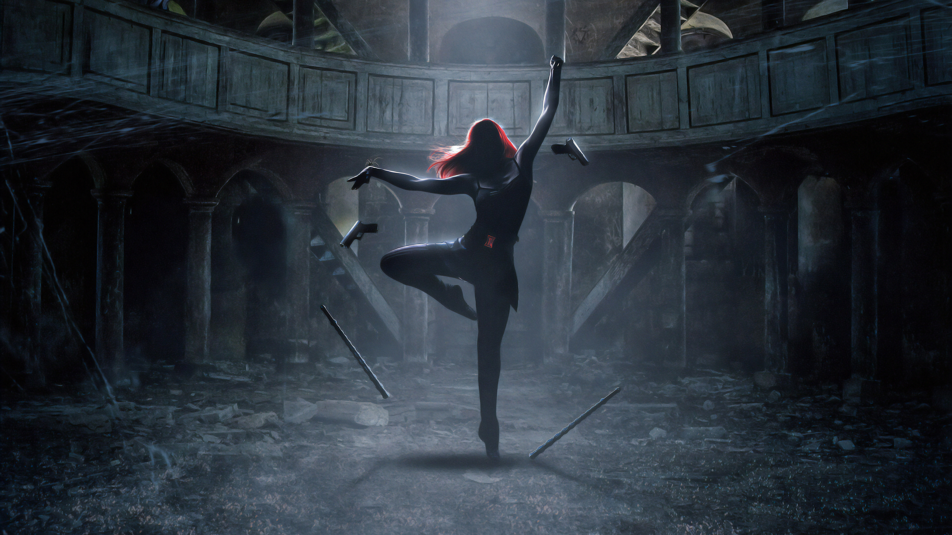 Black Widow Redhead Standing On One Leg Black Suit Fan Art Artwork Digital Art Digital Painting Arms 3840x2160