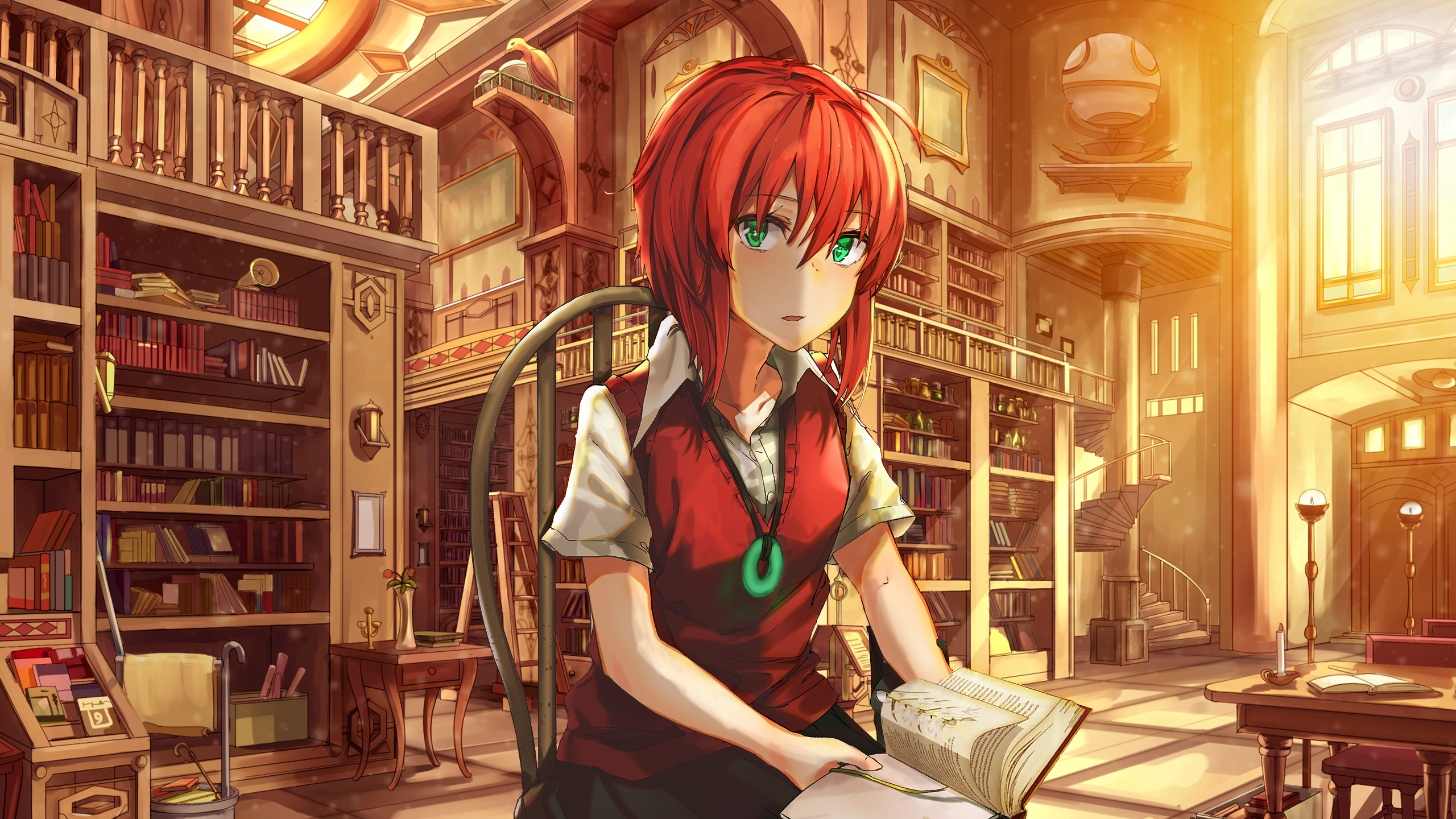Anime Chise Hatori Green Eyes Library Red Hair Short Hair 2560x1440