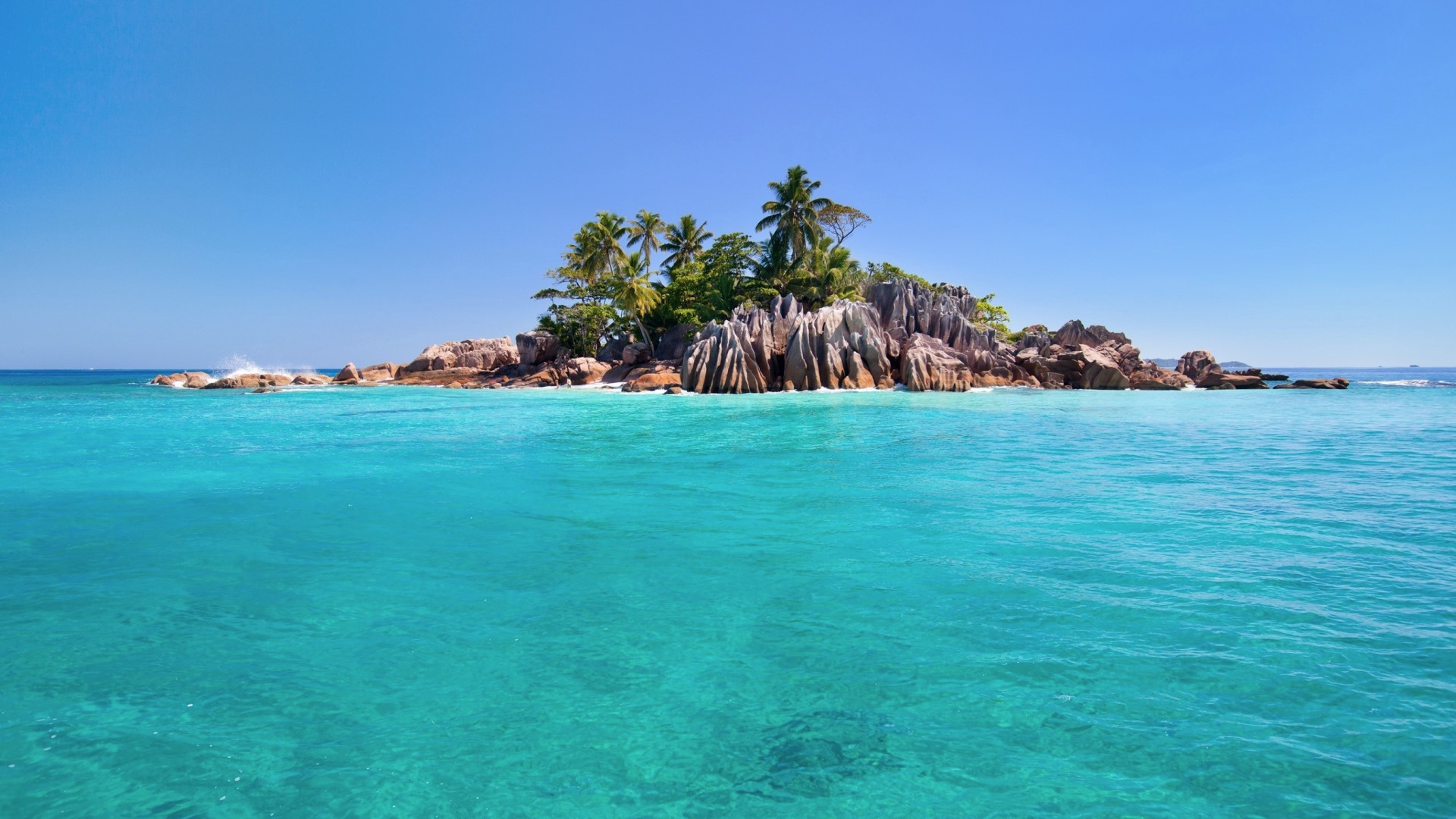Earth Island Ocean Palm Tree Rock Sea Seychelles Tropical Turquoise 1920x1080