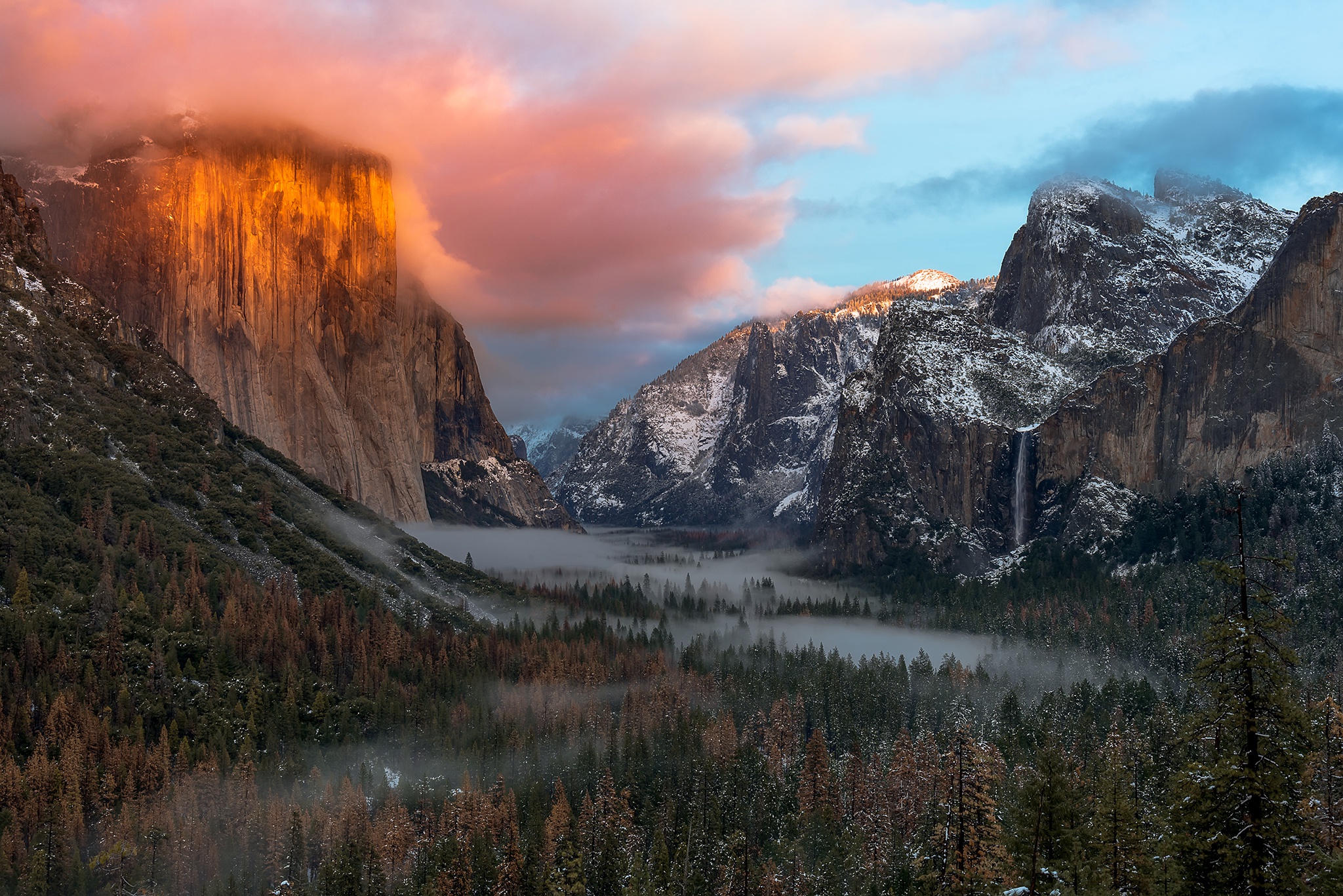 Cliff Fog Forest Landscape Mountain Nature Waterfall Yosemite National Park 2048x1367