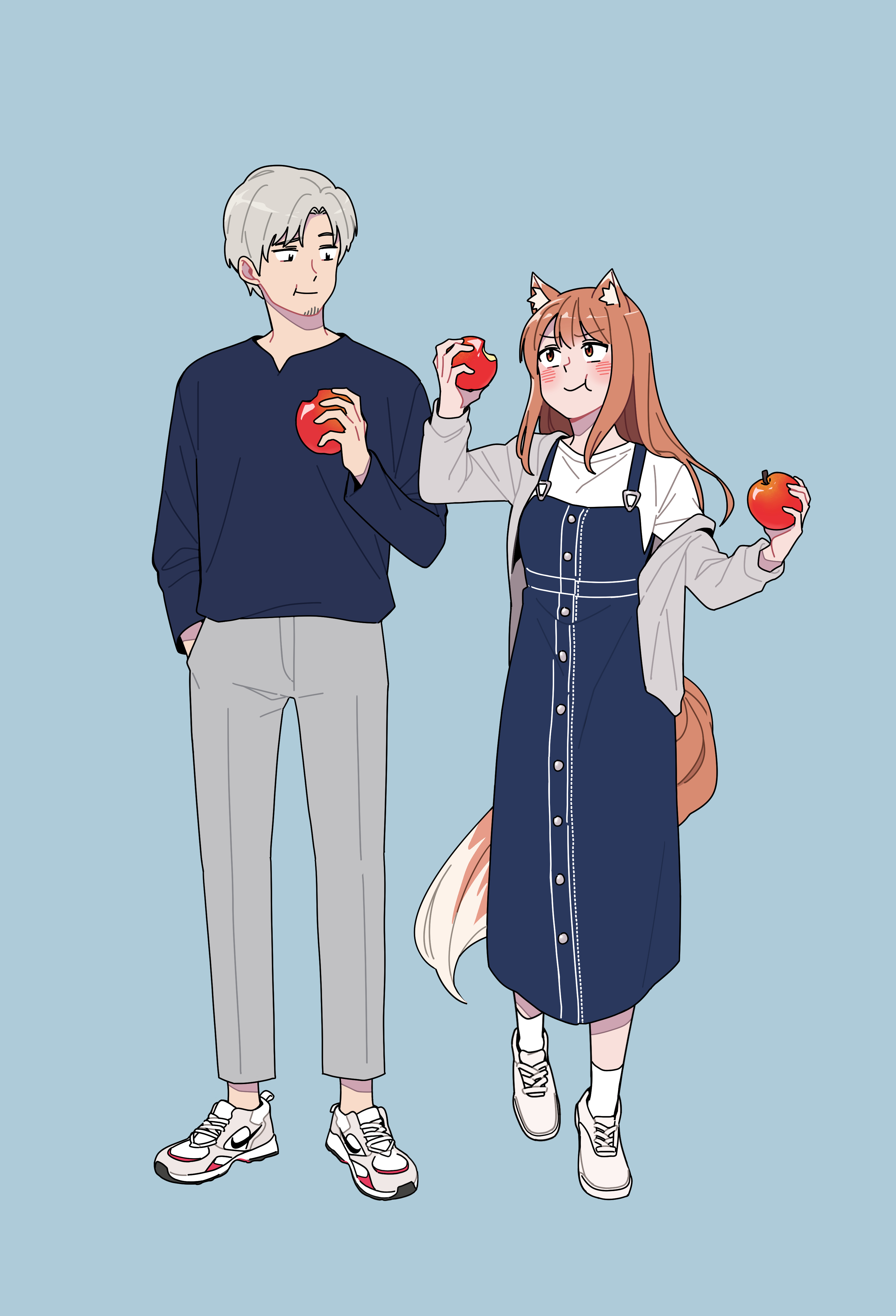 Spice And Wolf Anime Girls Anime Boys Couple Animal Ears Wolf Girls Jeans Dresses Blue Sweater Anime 3200x4699