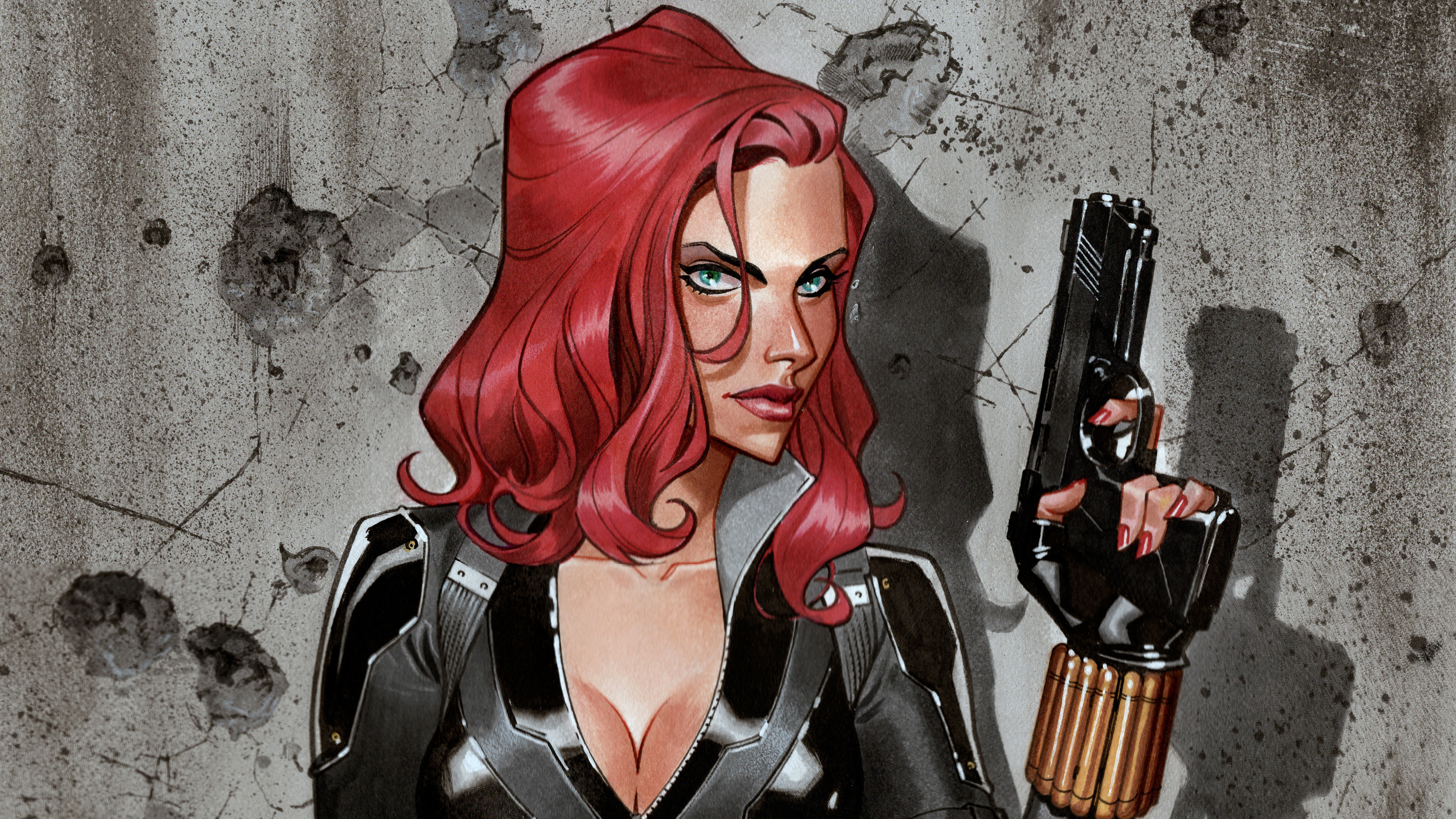 Avengers Black Widow Gun Marvel Comics Red Hair Woman Warrior 3291x1852