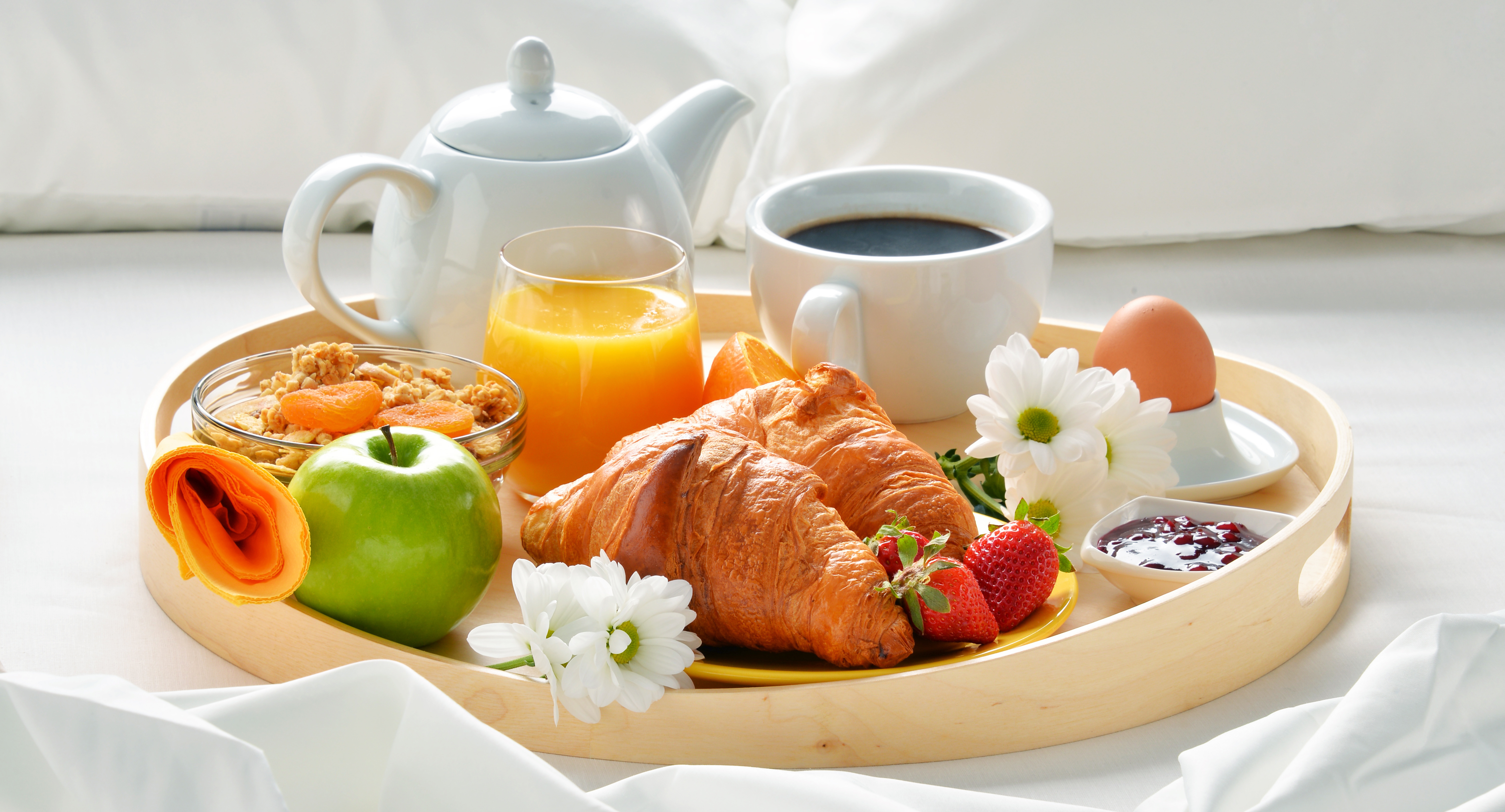Apple Breakfast Coffee Croissant Cup Daisy Egg Juice Muesli 6016x3248
