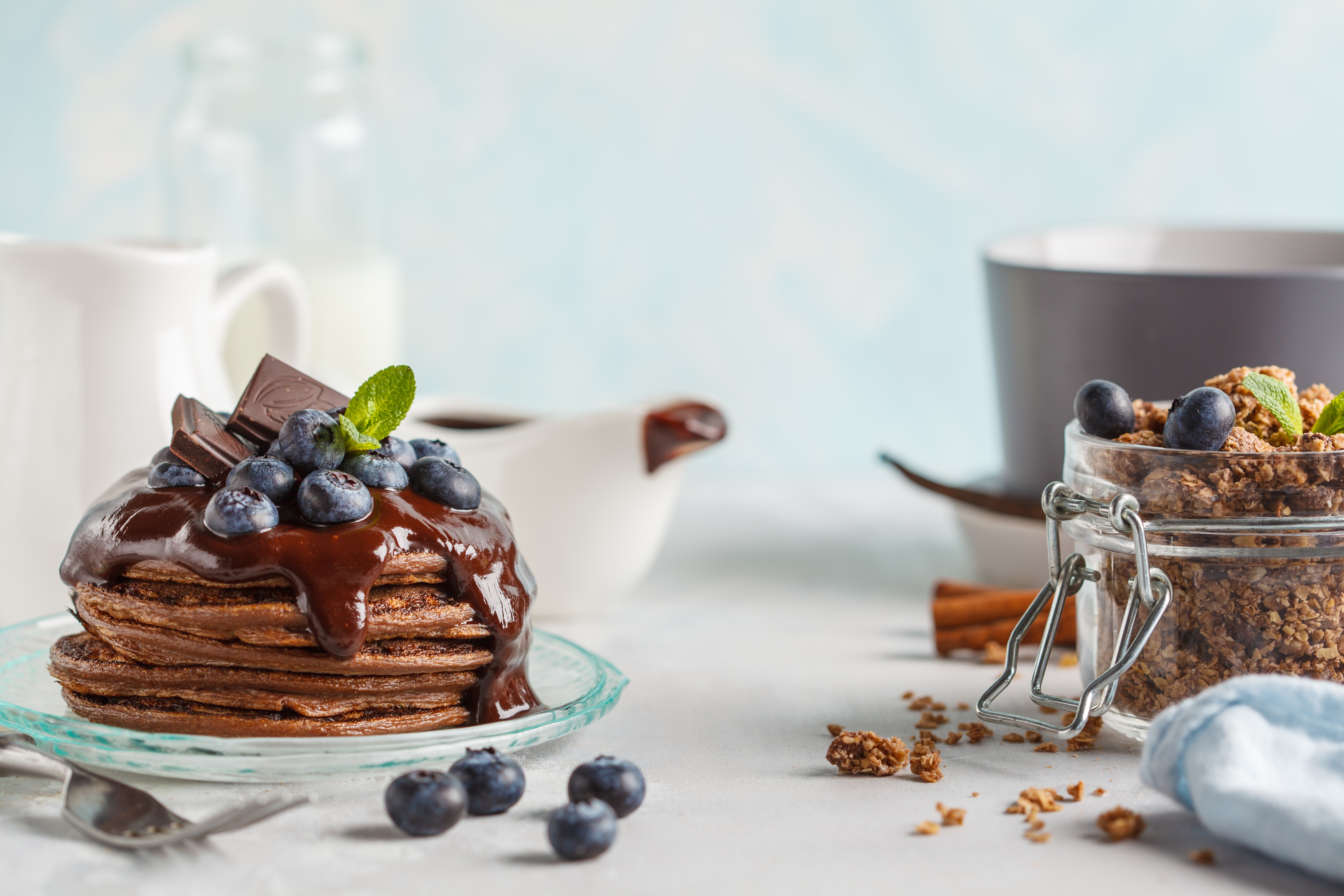 Berry Blueberry Breakfast Chocolate Muesli Pancake Still Life 5437x3625