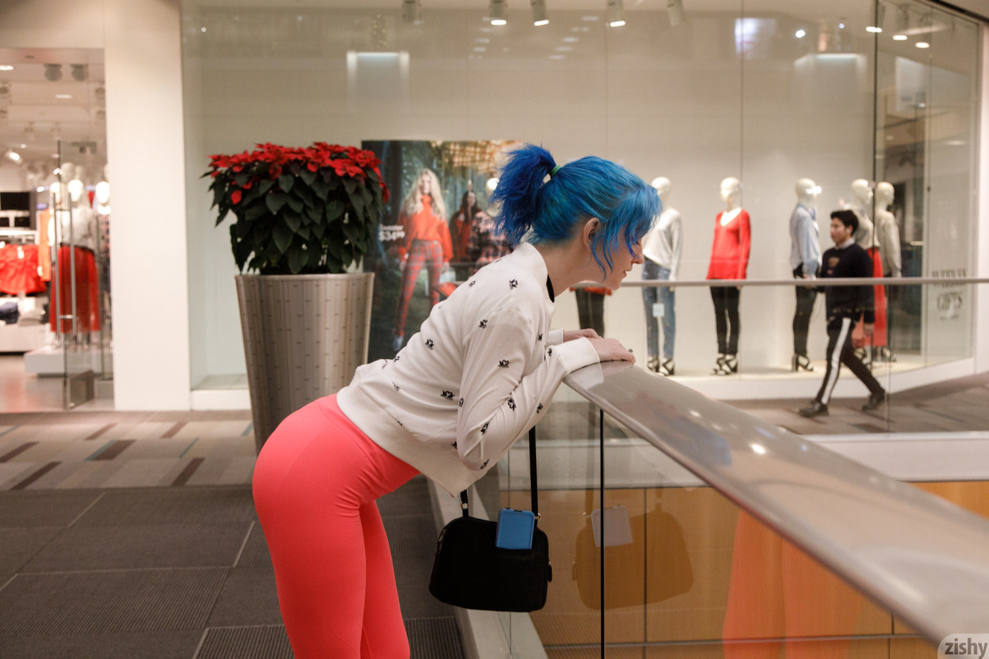 Women Model Blue Hair Indoors Profile Shopping Mall Sweatshirts 1400x933