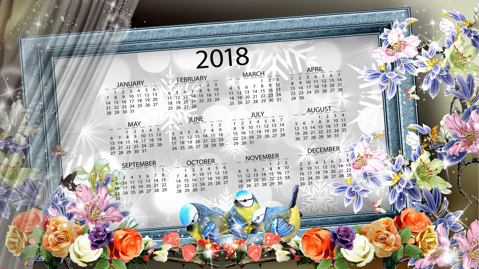 Artistic Bird Calendar Flower Snowflake Sparkles 1921x1080