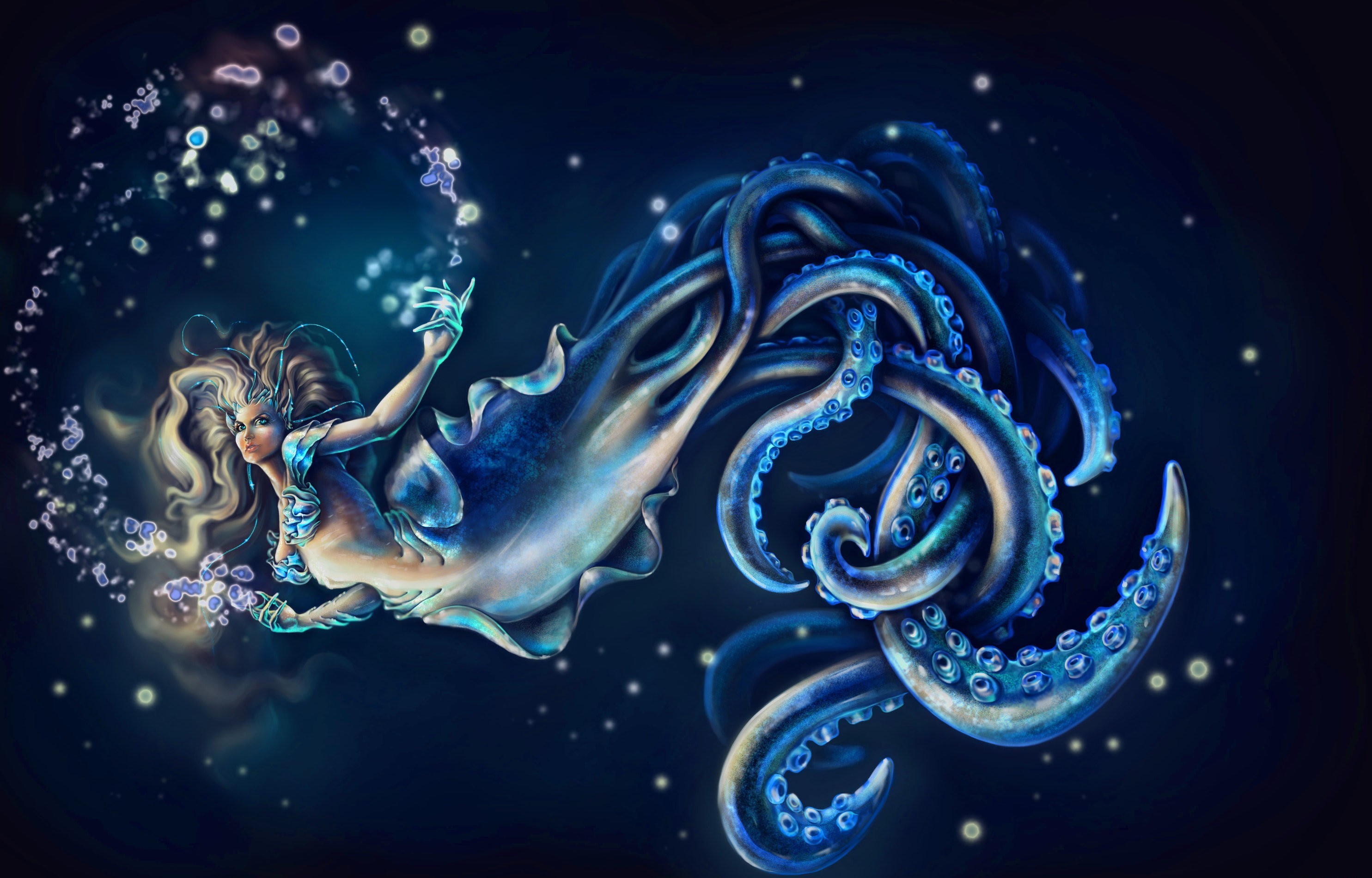 Blue Fantasy Girl Ocean Octupus Squid Tentacle Woman 2969x1900