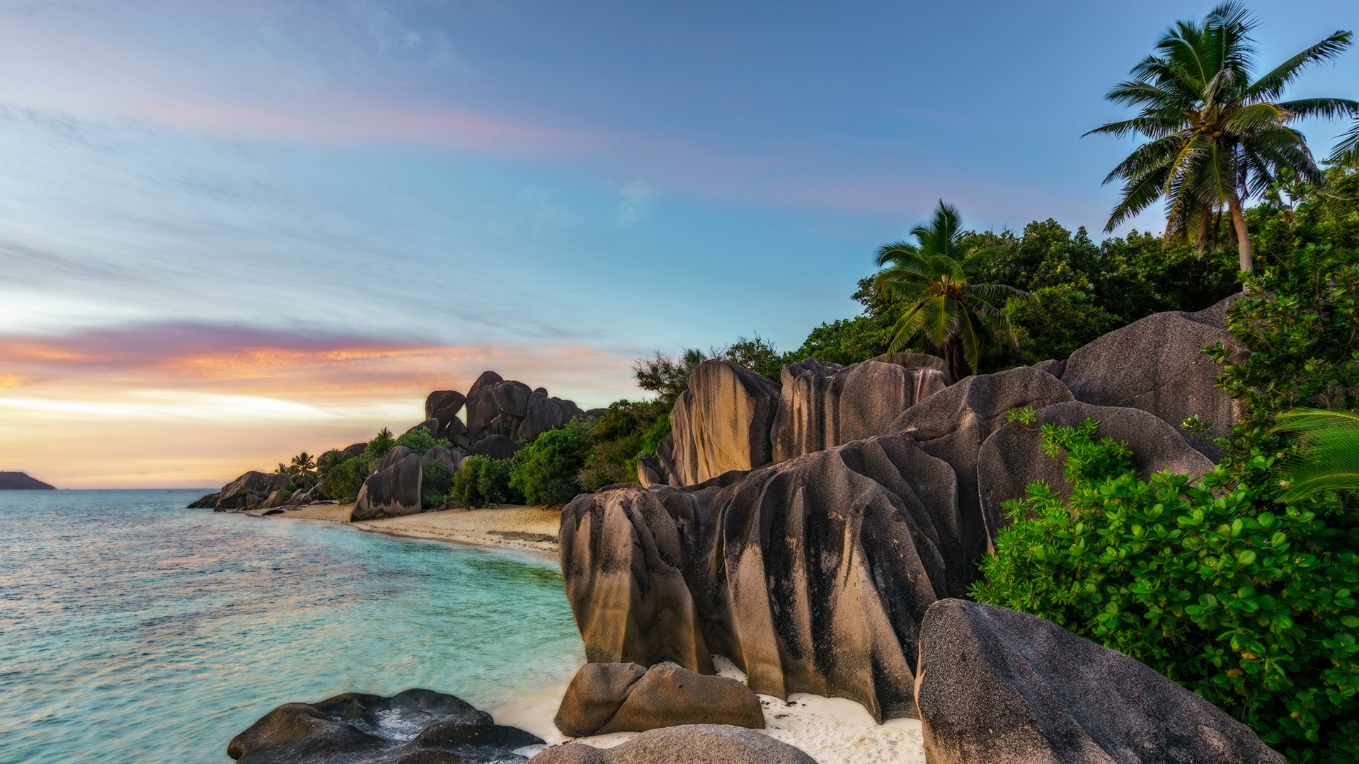 Nature Landscape Rocks Water Trees Plants Clouds Sky Sand Beach Seychelles 1920x1080