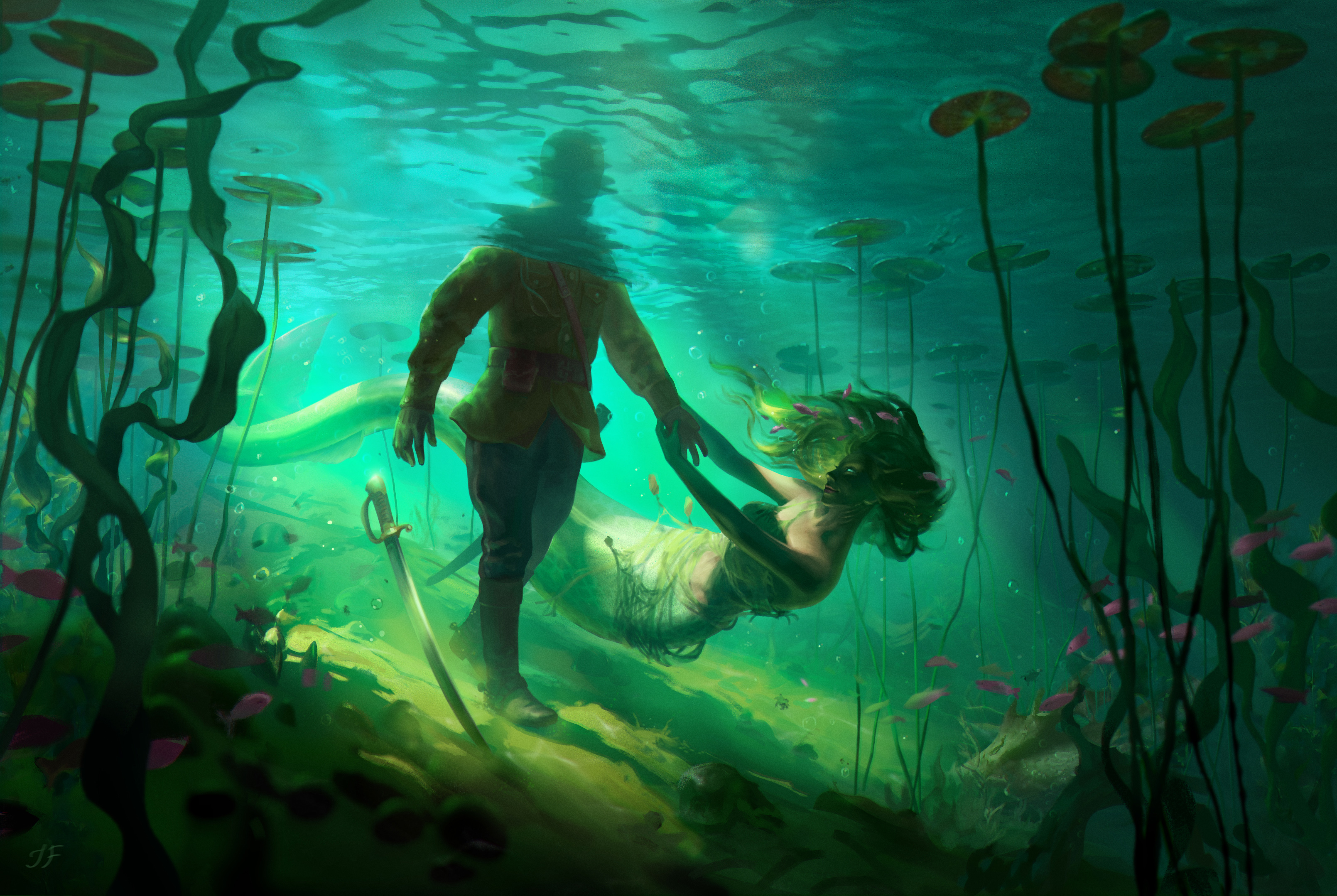 Creature Girl Green Hair Mermaid Underwater 3219x2157