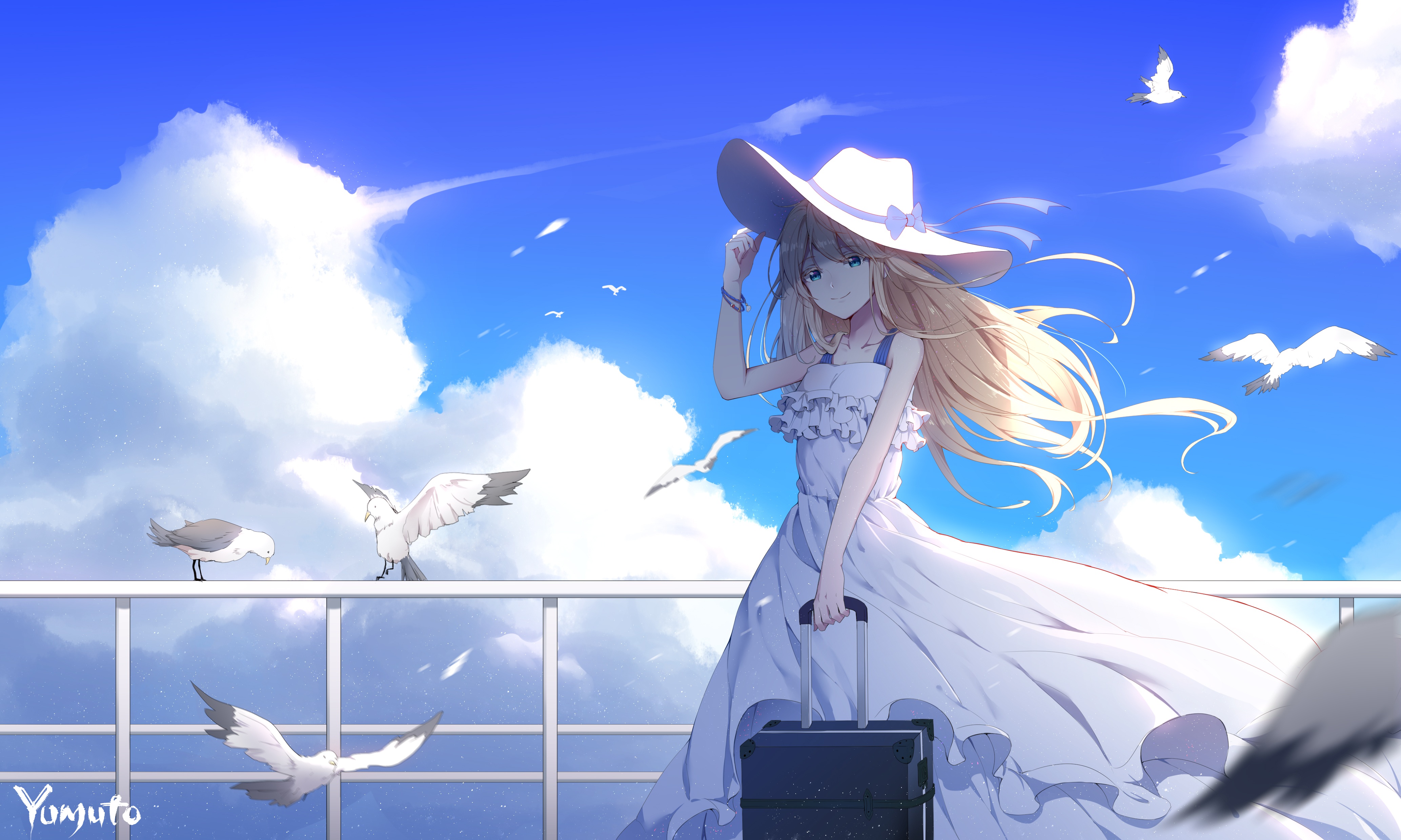 Animal Bird Blonde Blue Eyes Cloud Dress Girl Hat Long Hair Seagull Suitcase White Dress Wind 4134x2480