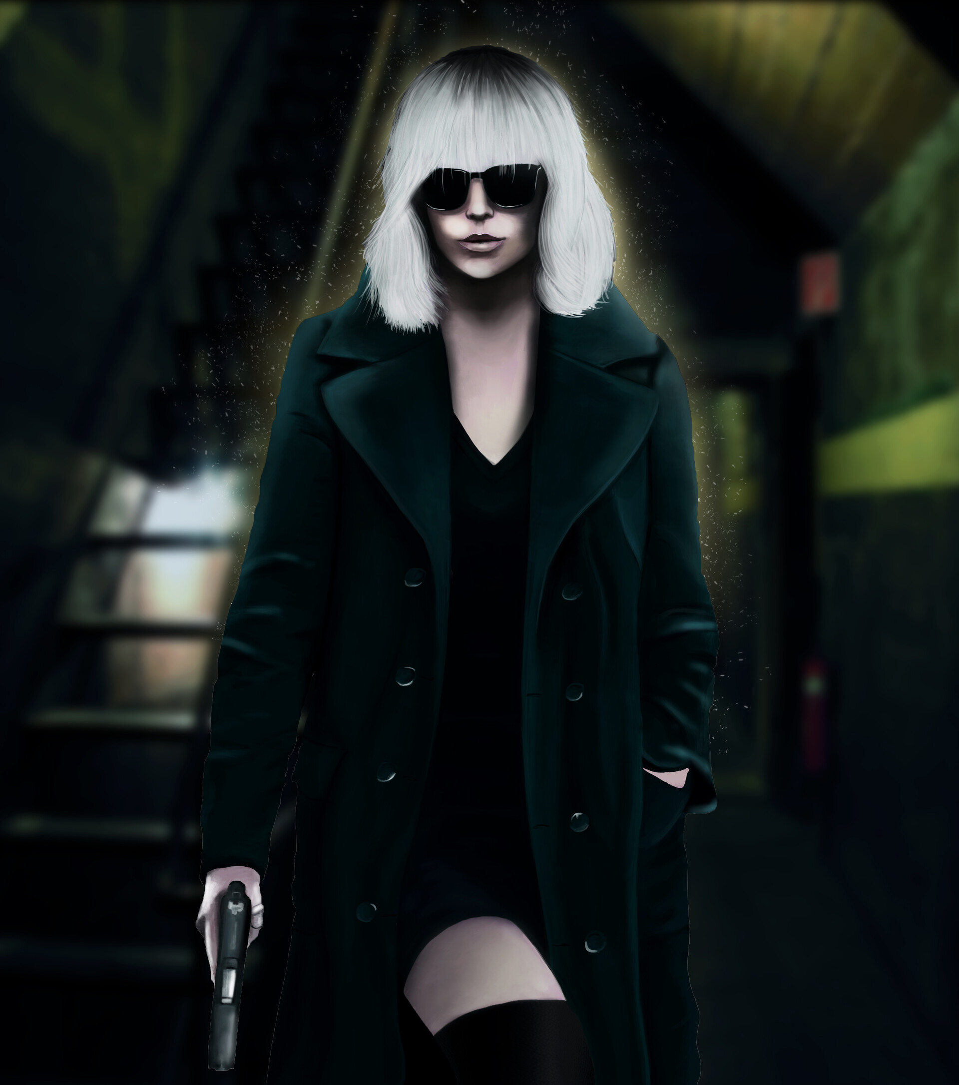 Atomic Blonde Movie Blond Hair Black Suit Black Coat Fan Art Artwork Digital Painting Digital Art 1920x2172