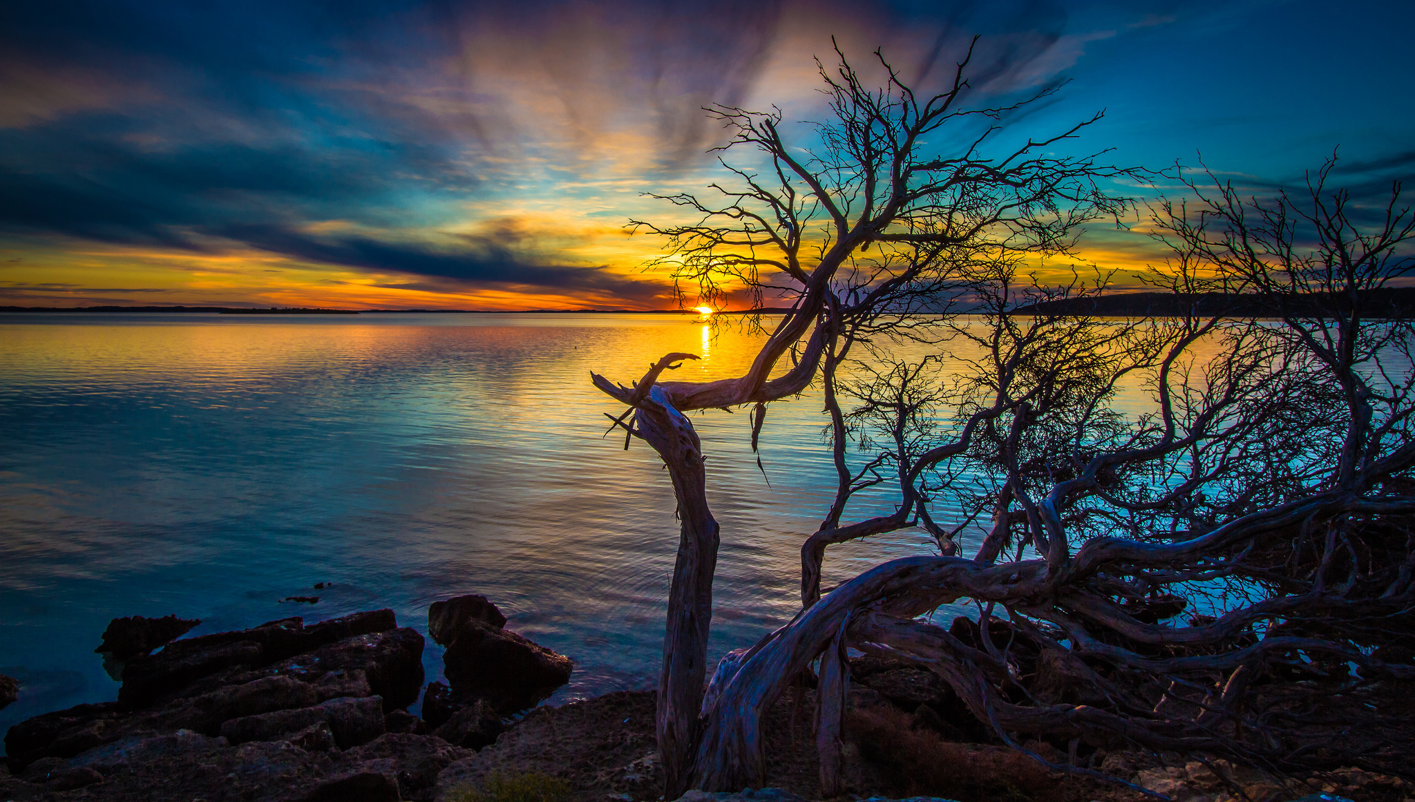 Blue Cloud Earth Golden Lake Silhouette Sky Sunset Tree 2048x1161