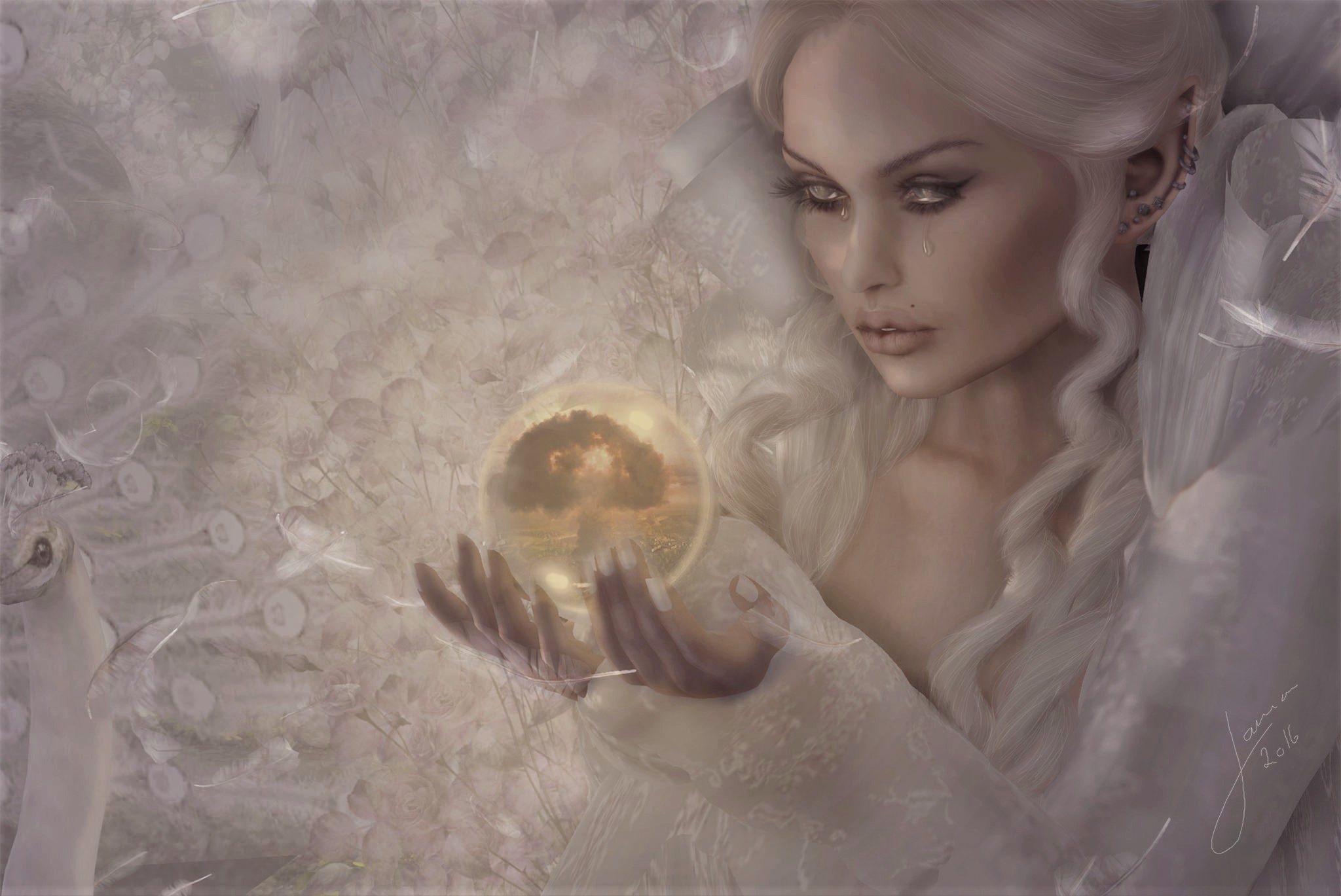 Crystal Ball Fantasy Girl Peacock Tears White White Hair Witch Woman 2048x1369