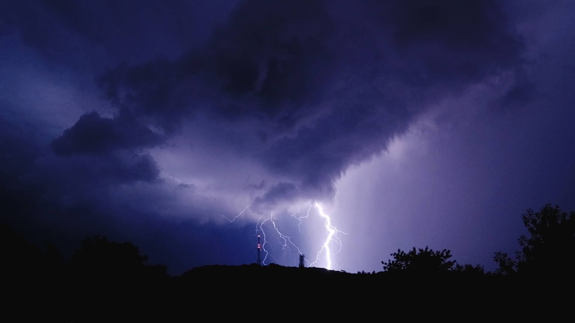 Nature Lightning Thunderbolt Night Sky Storm Tower Radio Tower Hills Trees 1920x1080