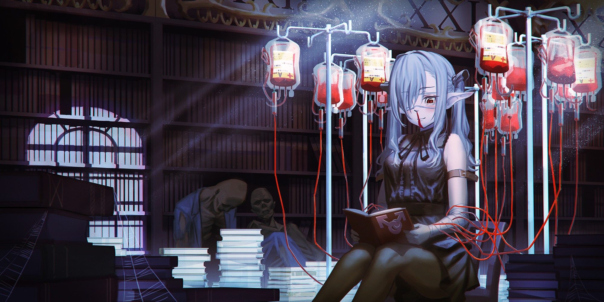 Original Characters Bandage Blue Hair Books Eyepatches Gothic Long Hair Pointed Ears Red Eyes Twinta 2000x1000