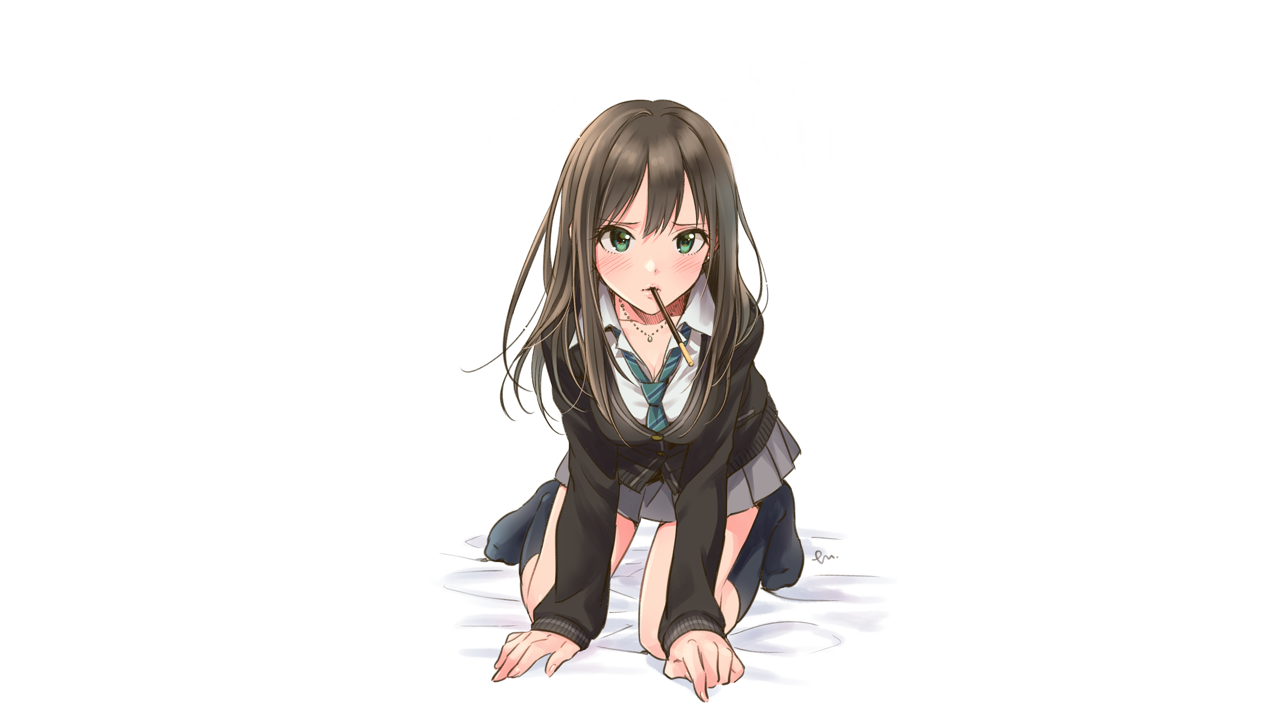 Brown Hair Girl Green Eyes Long Hair Original Anime Rin Shibuya School Uniform Skirt The Idolm Ster  2560x1440