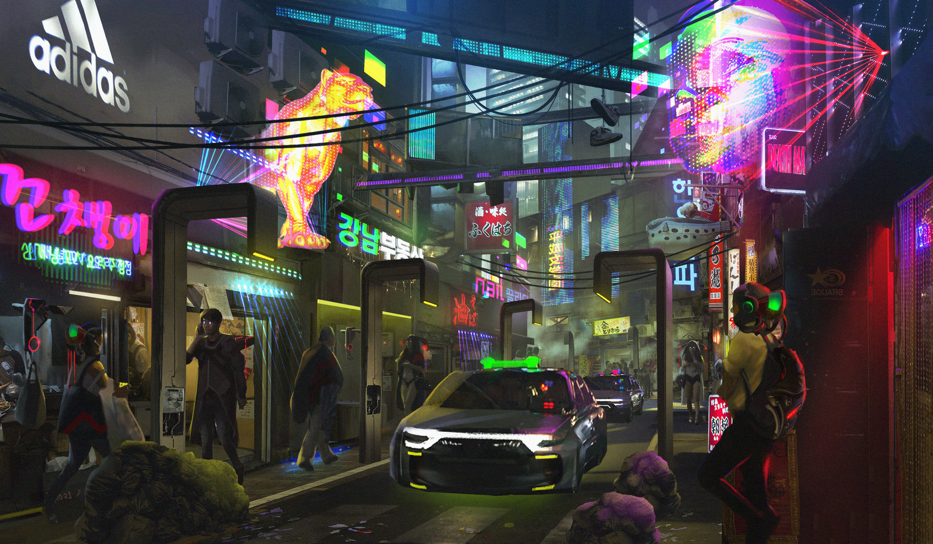 Car City Cyberpunk Korean Neon Sign People Sci Fi Seoul Shop Street 1920x1120