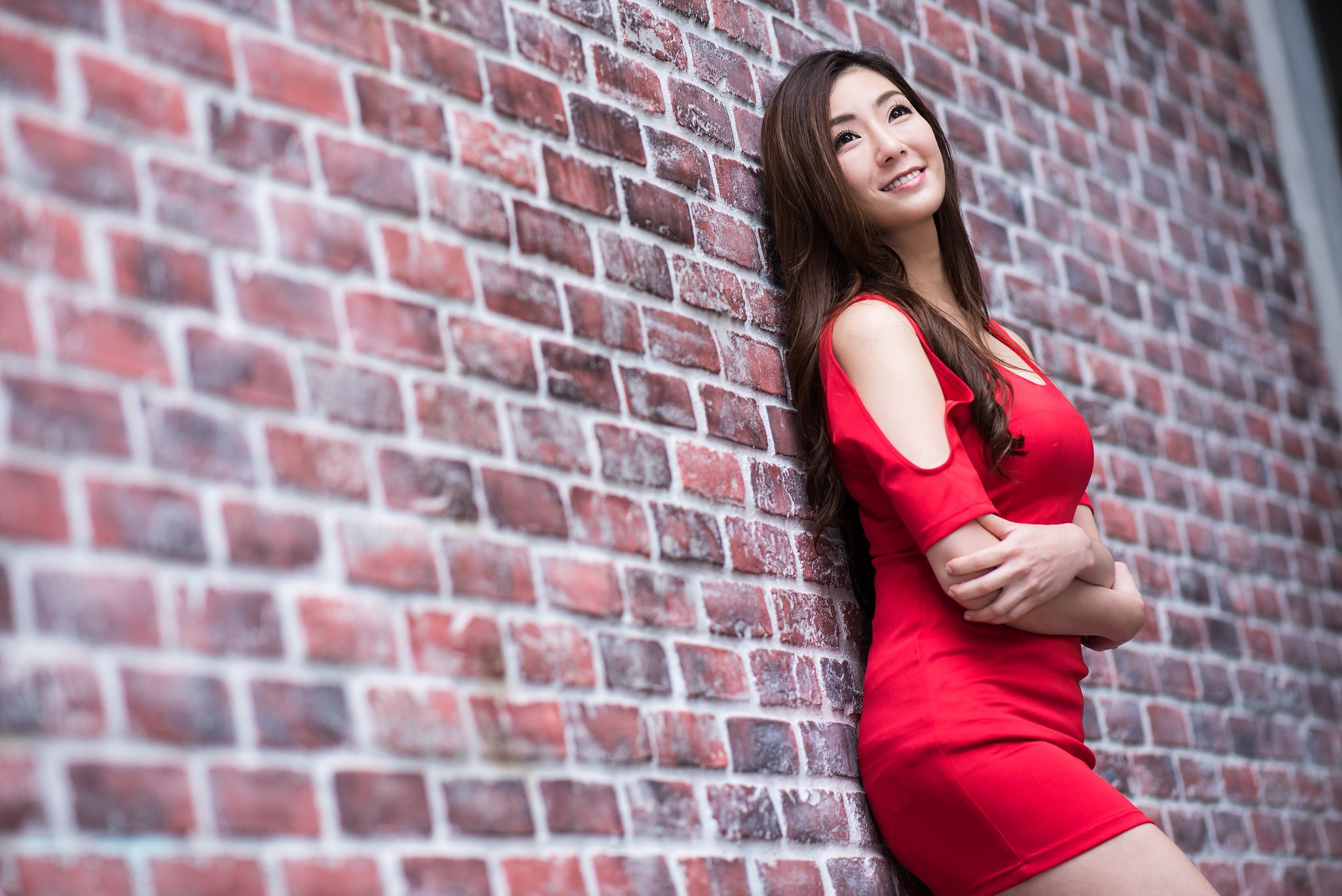 Asian Brick Brown Eyes Brunette Girl Model Red Dress Smile Woman 2048x1367