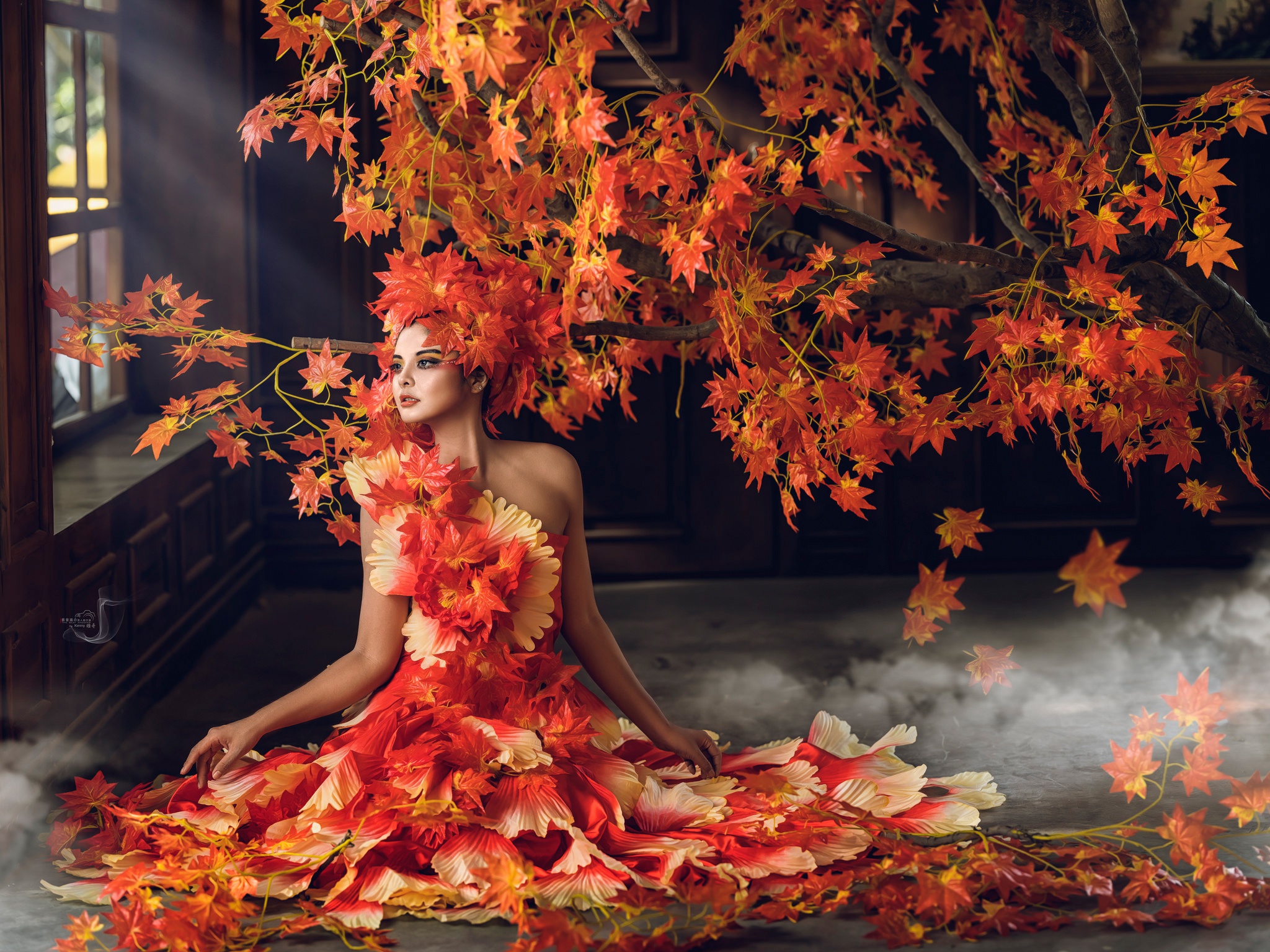Artistic Fall Girl Leaf Model Orange Dress Woman 2048x1536