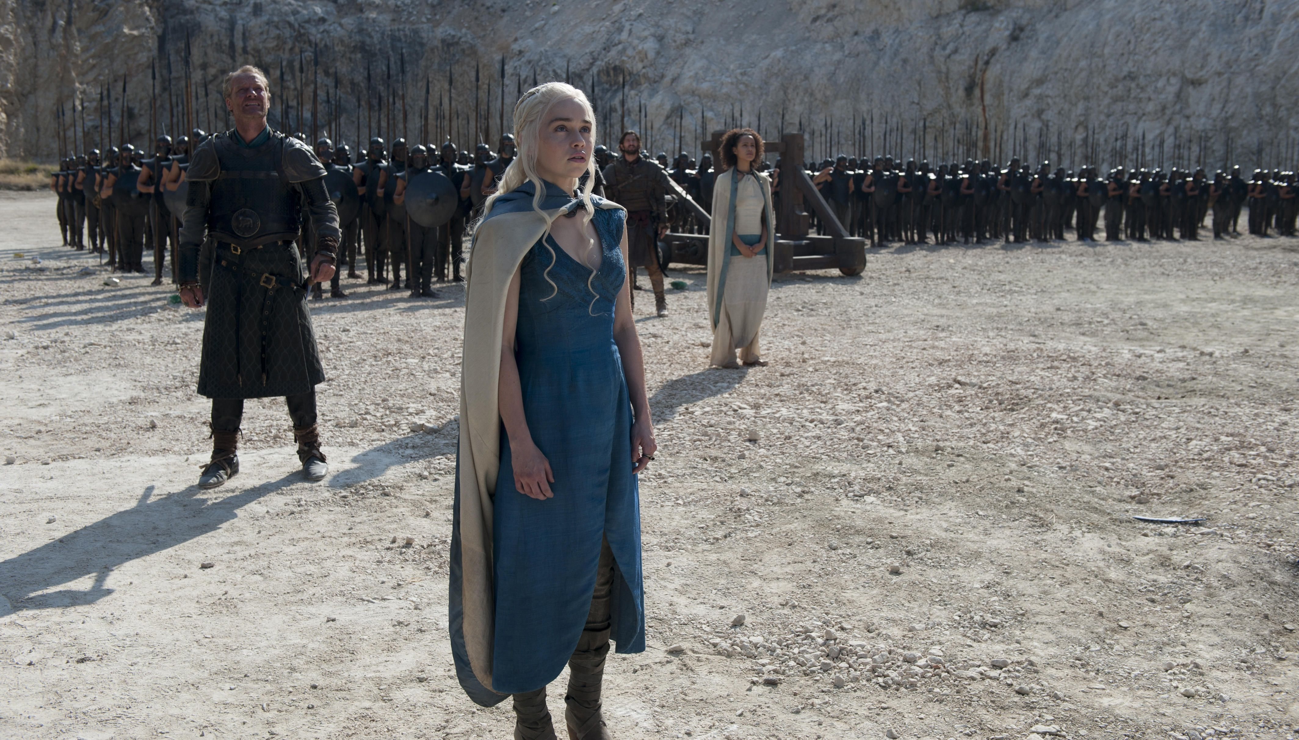 Daenerys Targaryen Emilia Clarke Iain Glen Jorah Mormont Missandei Game Of Thrones Nathalie Emmanuel 4256x2424