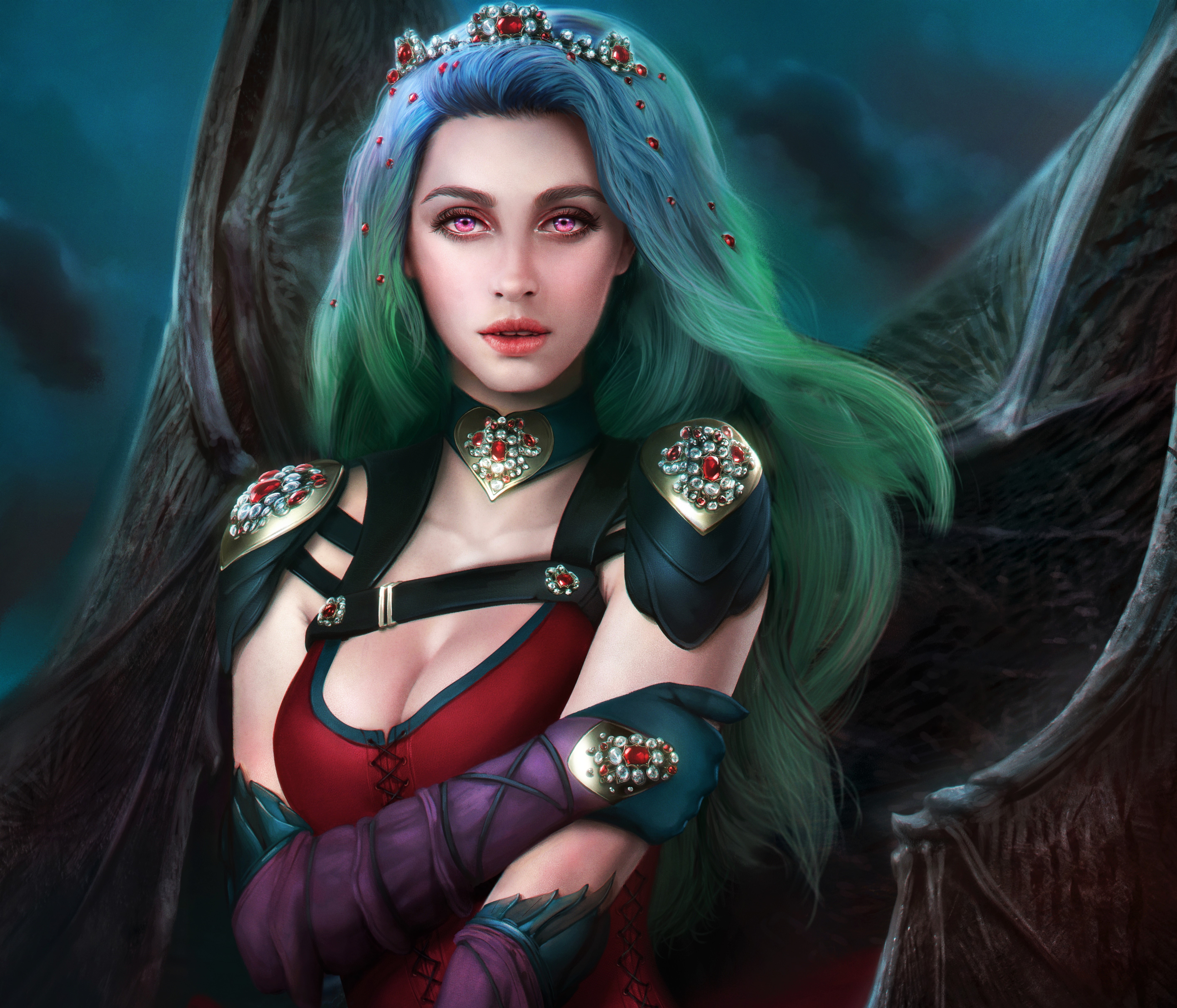Crown Fantasy Girl Green Hair Long Hair Purple Eyes Vampire Wings Woman 5657x4846