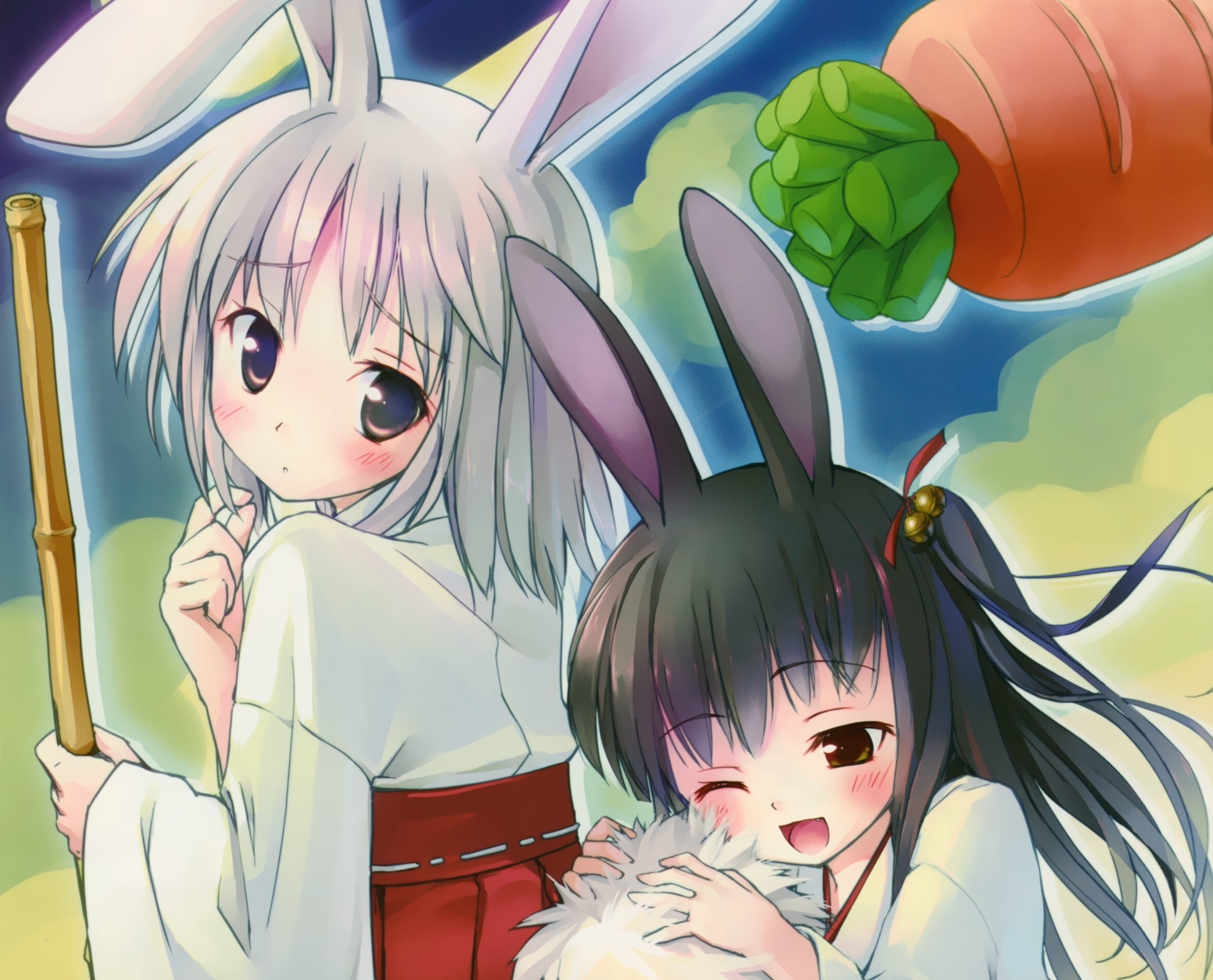 Black Blonde Blush Broom Brown Eyes Bunny Ears Carrot Long Hair Miko Outfit Smile 3120x2520