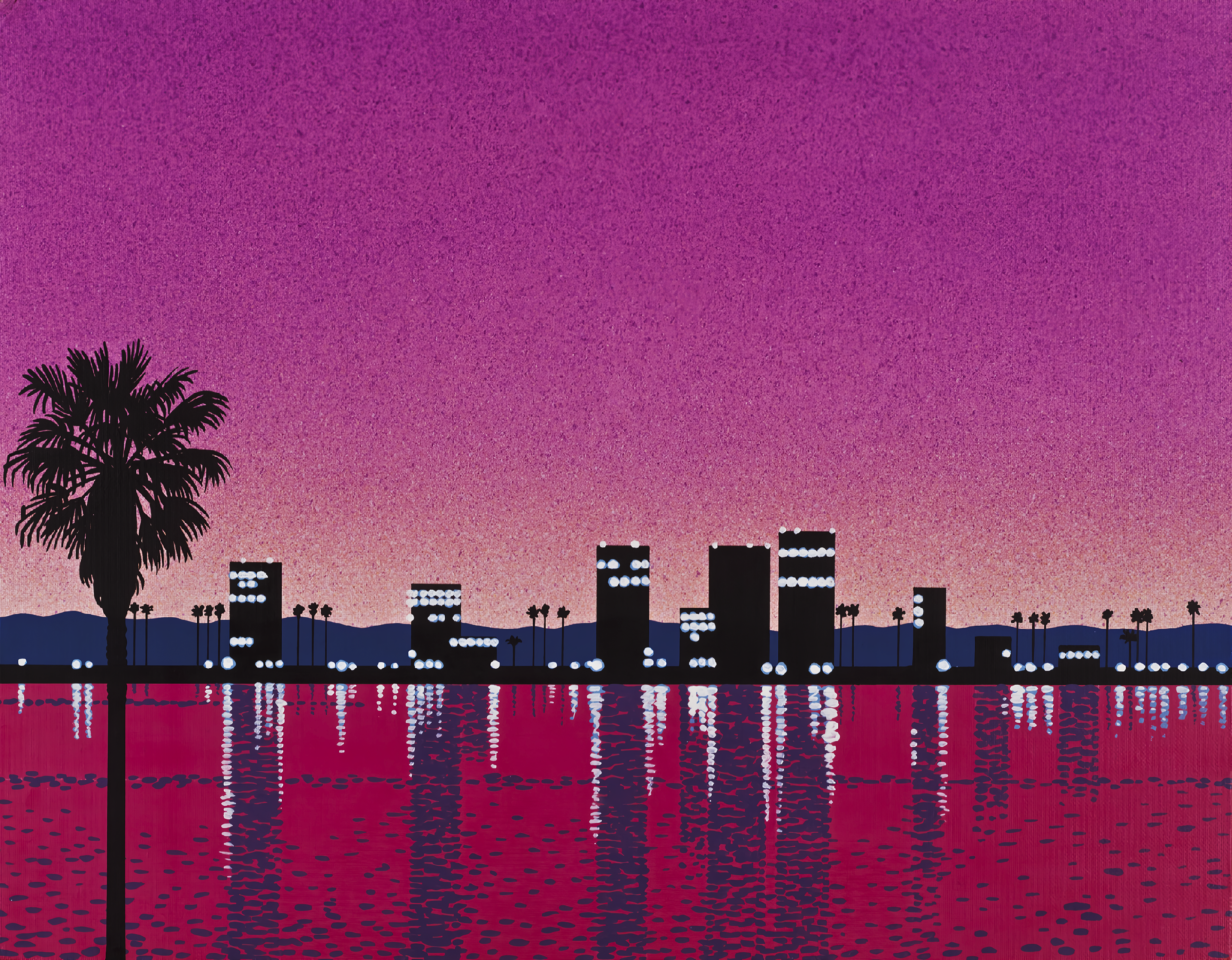 Hiroshi Nagai Retrowave Painting Water Palm Trees Cityscape Lights Pink 3840x2992