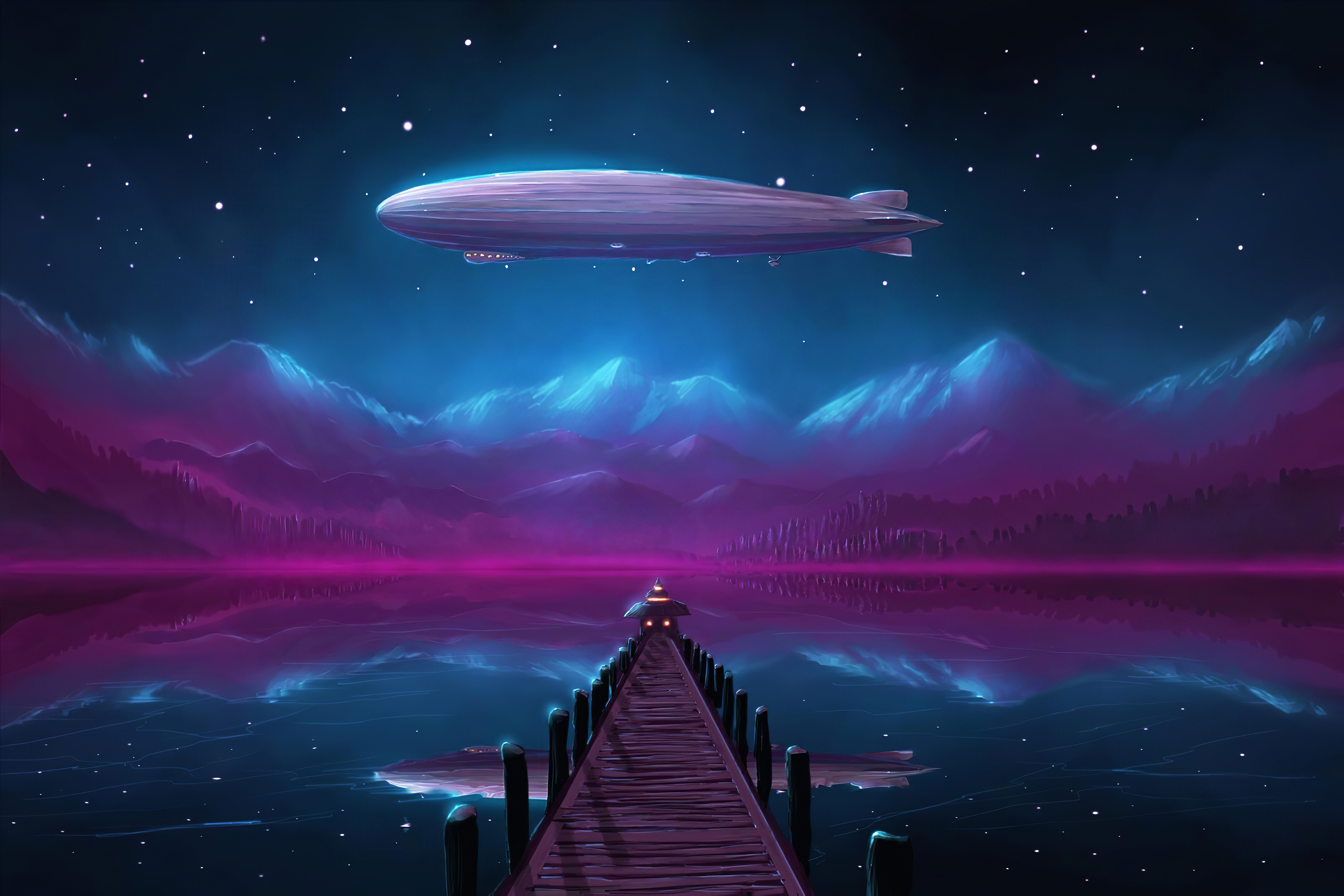 Lake Mountain Nature Night Pier Purple Reflection Zeppelin 3840x2561