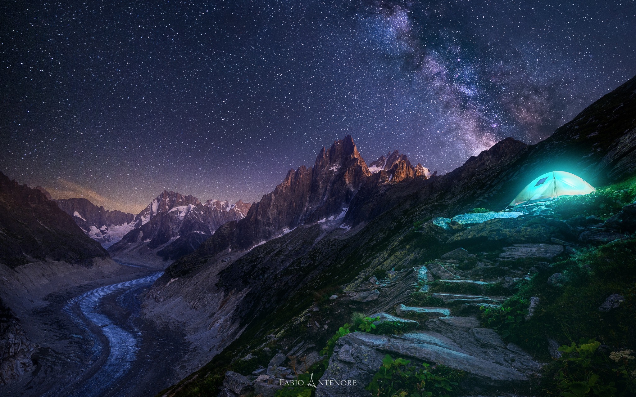 Camp Milky Way Mountain Night Road Starry Sky Stars Tent Winter 2048x1280