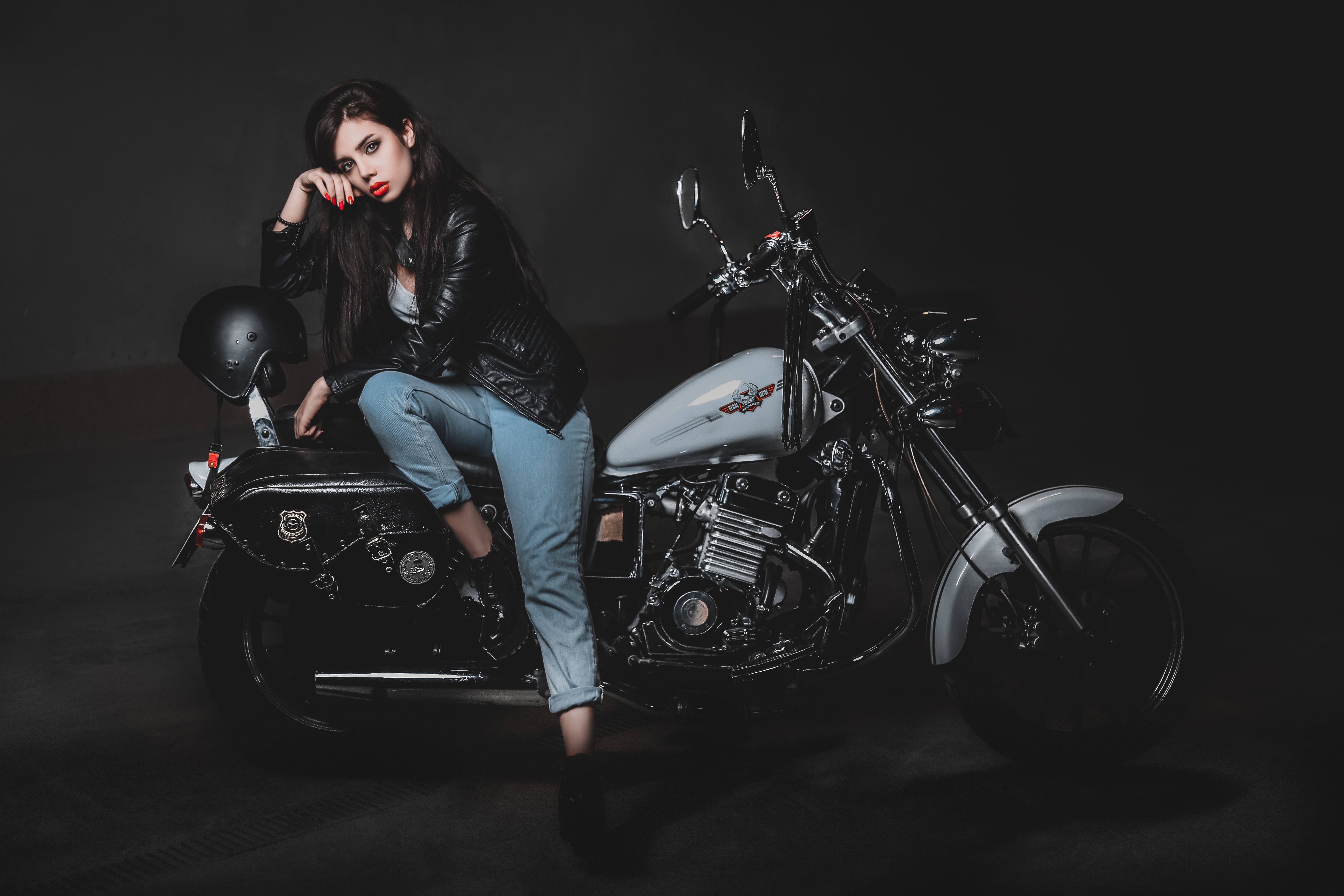 Black Hair Brown Eyes Girl Leather Jacket Lipstick Motorcycle Regal Raptor Woman 6240x4160