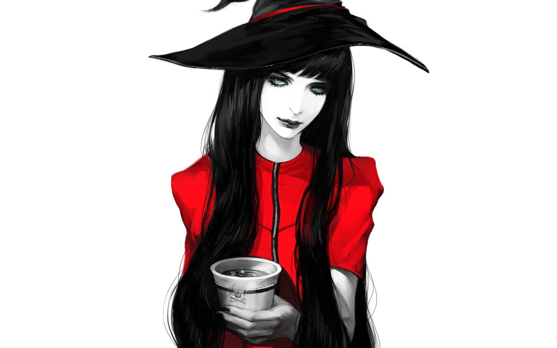 Artistic Black Hair Cup Girl Long Hair Witch Witch Hat Woman 1920x1200