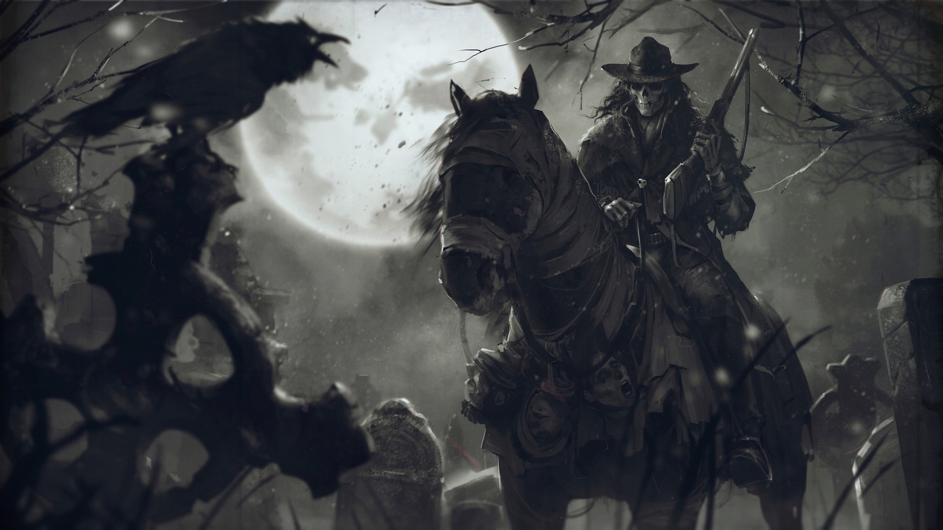 Cowboy Crow Hat Horse Man Moon Night Rifle Skull 1920x1080