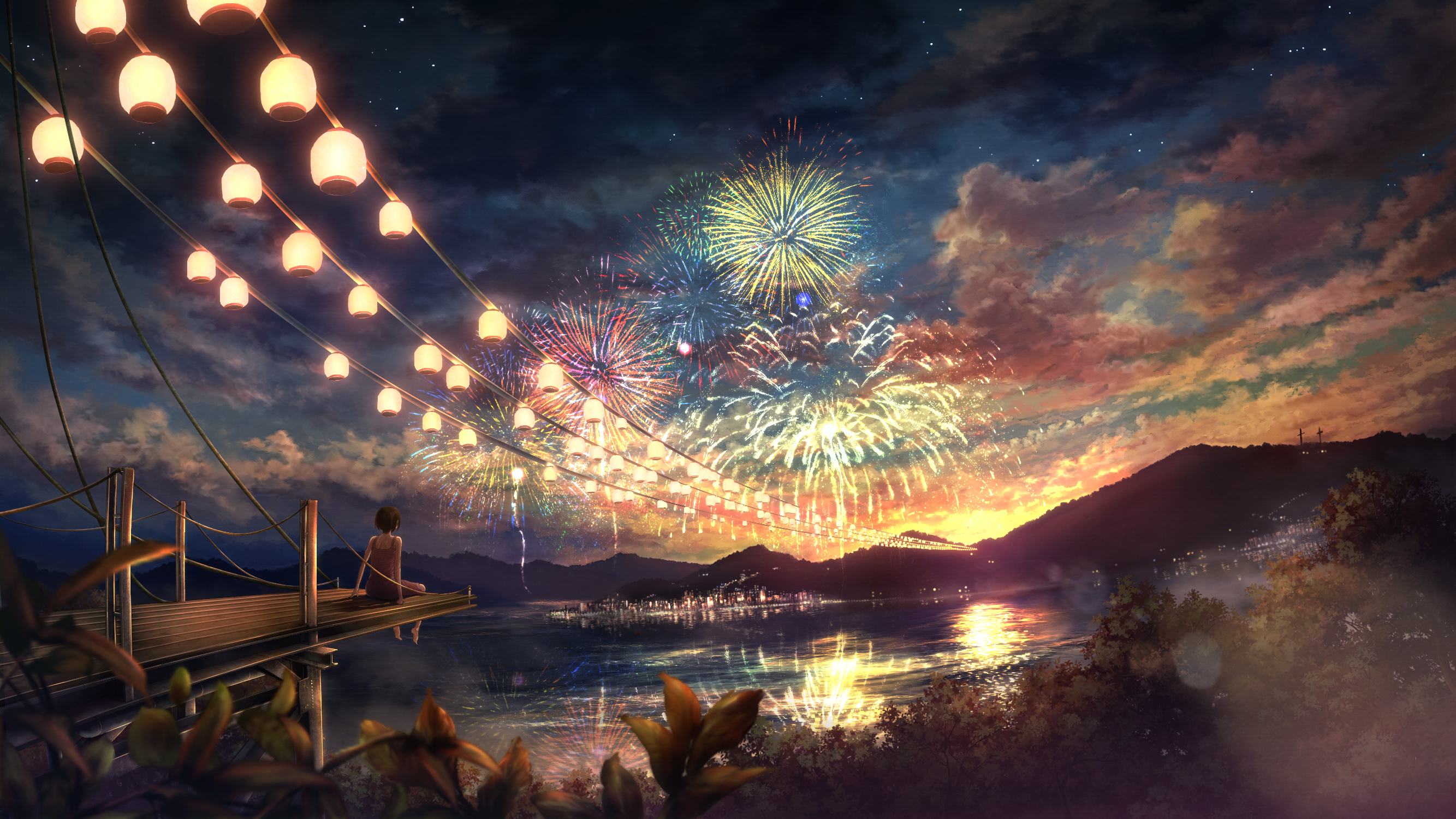 Colorful Festival Fireworks Lake Lantern Original Anime Reflection Sitting Sunset 2667x1500