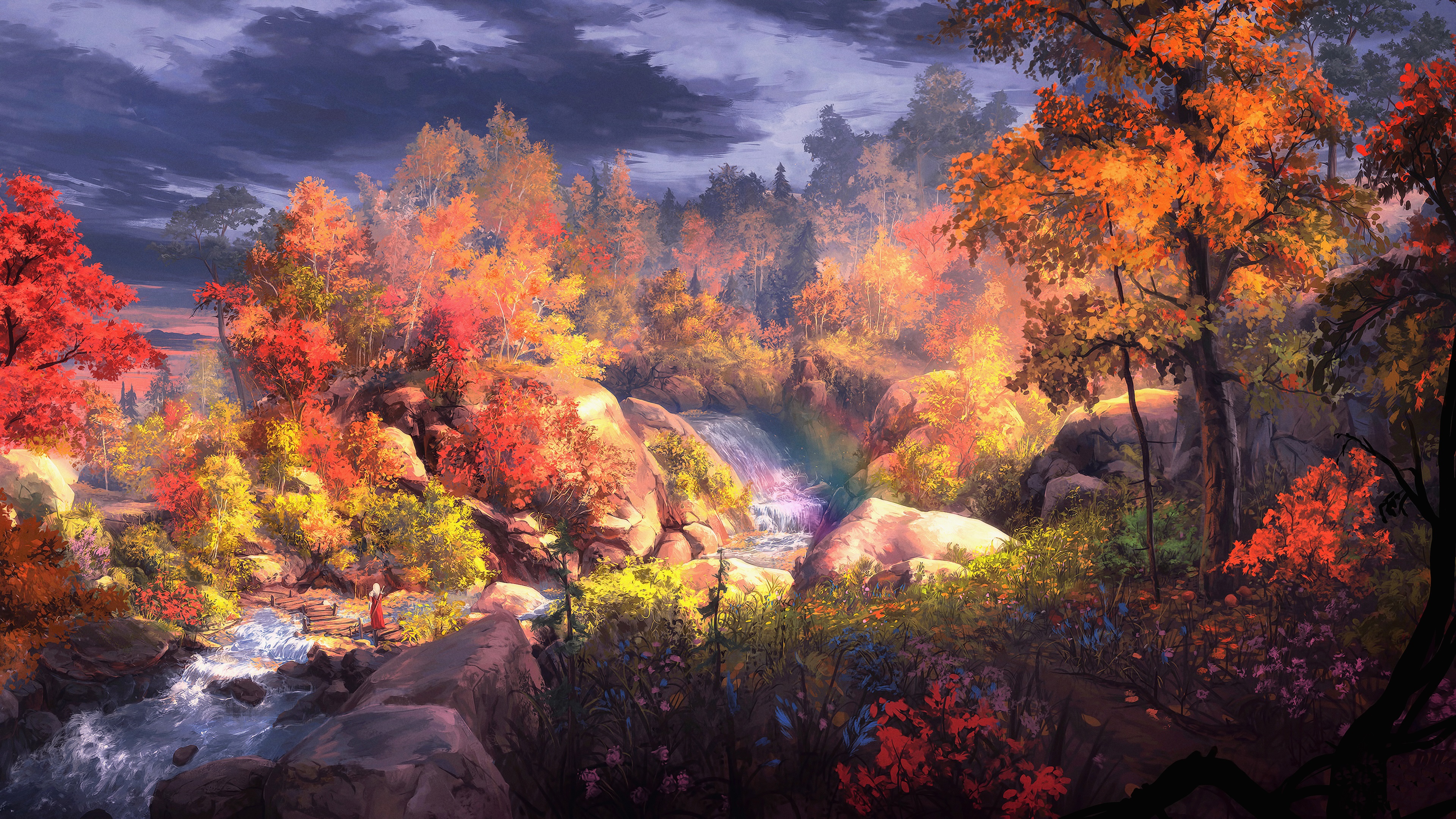 Fall Foliage Forest River Tree Woman Warrior 3840x2160