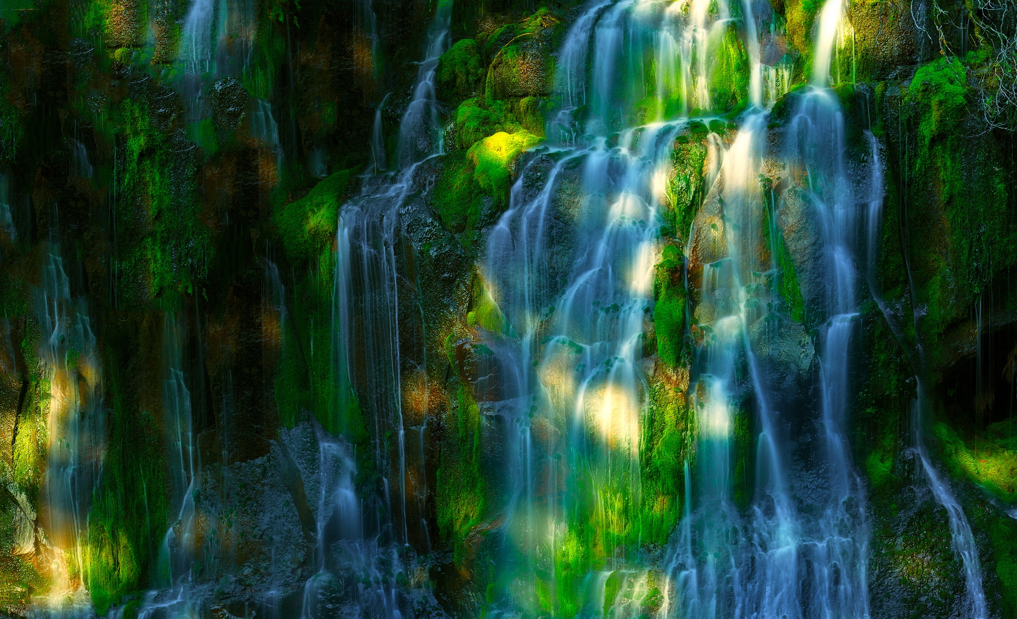 Earth Forest Rock Sunbeam Sunshine Waterfall 2048x1248