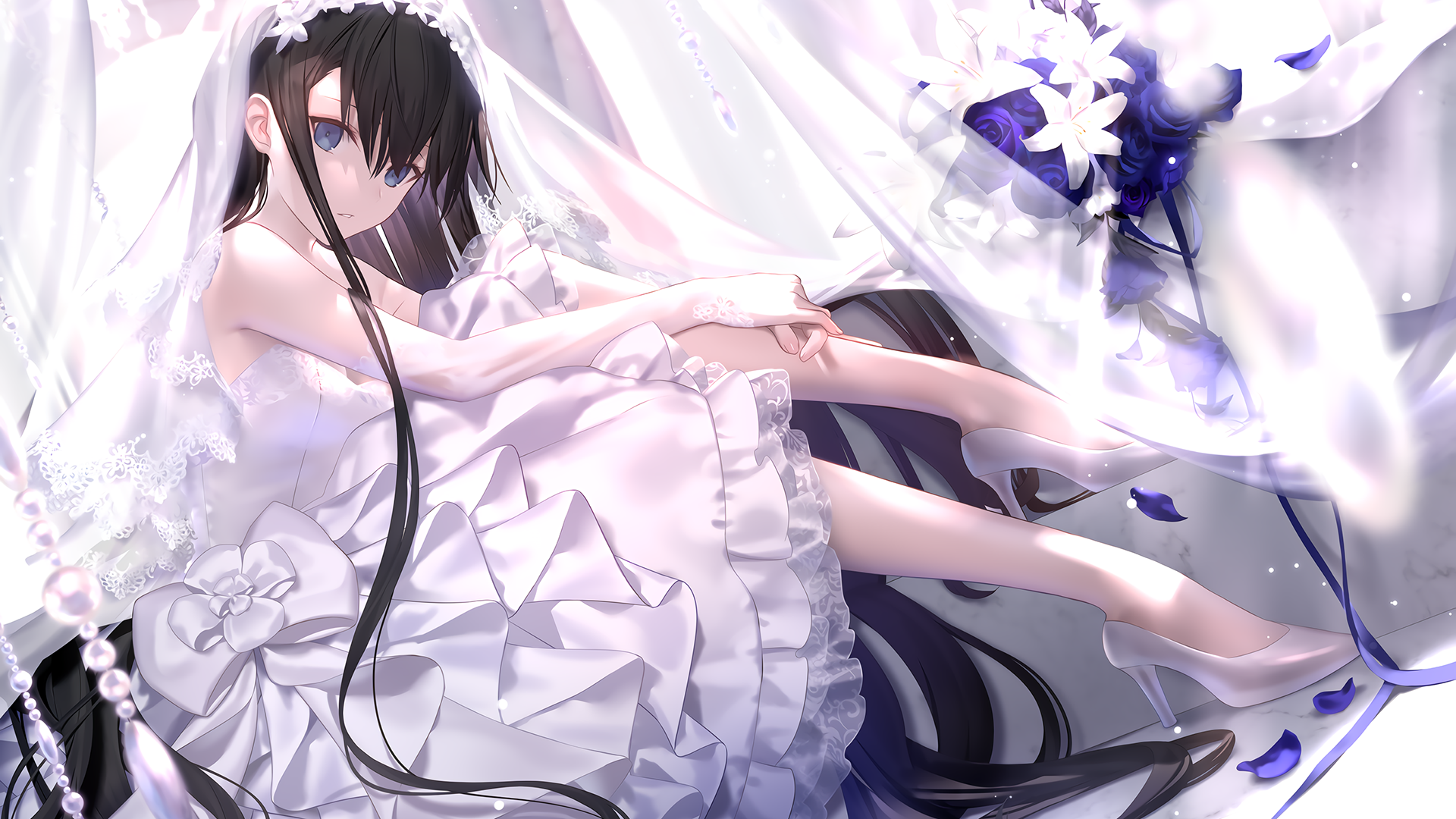 Wedding Attire Long Hair Black Hair Blue Eyes Flowers Anime 1920x1080