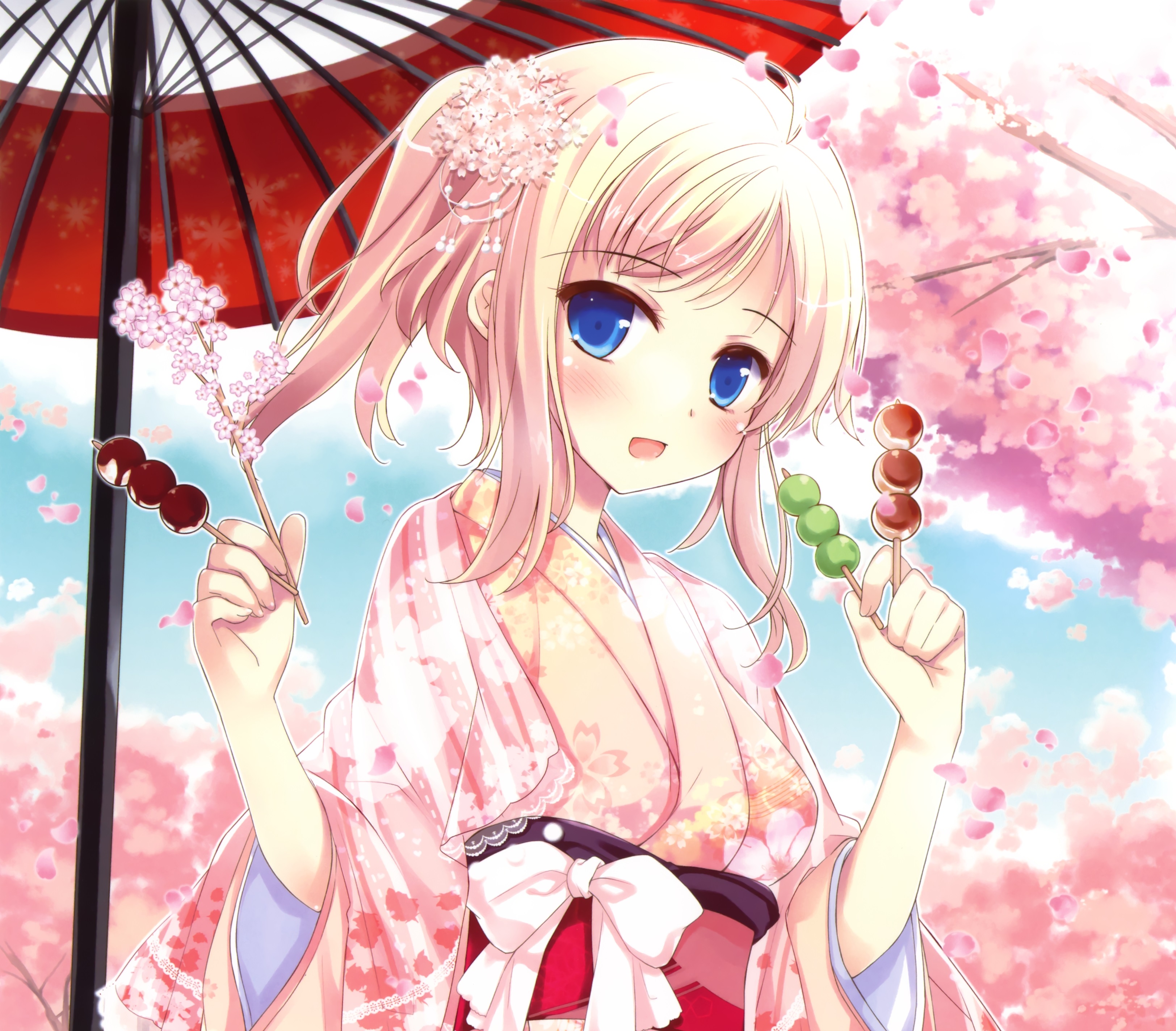 Blue Eyes Blush Cherry Blossom Kimono Parasol Pink Hair Short Hair Smile Bow Clothing 3248x2848