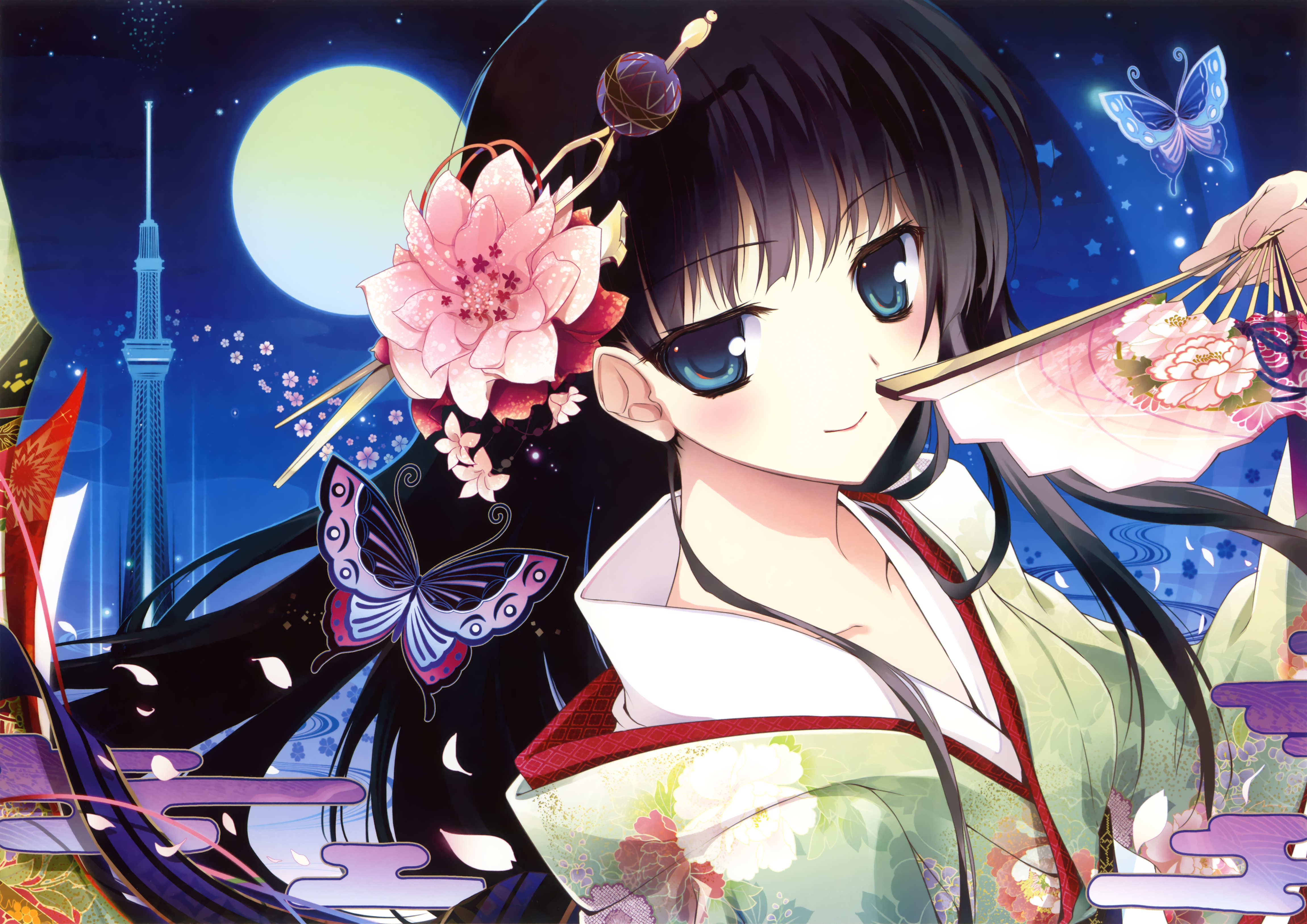 Black Hair Blue Eyes Blush Butterfly Fan Flower Kimono Long Hair Moon Smile 4600x3253