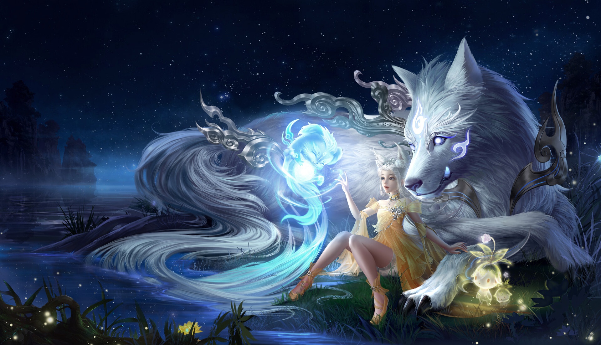 Animal Ears Girl Magic Night Sorceress Spirit Water White Hair Wolf 1920x1102