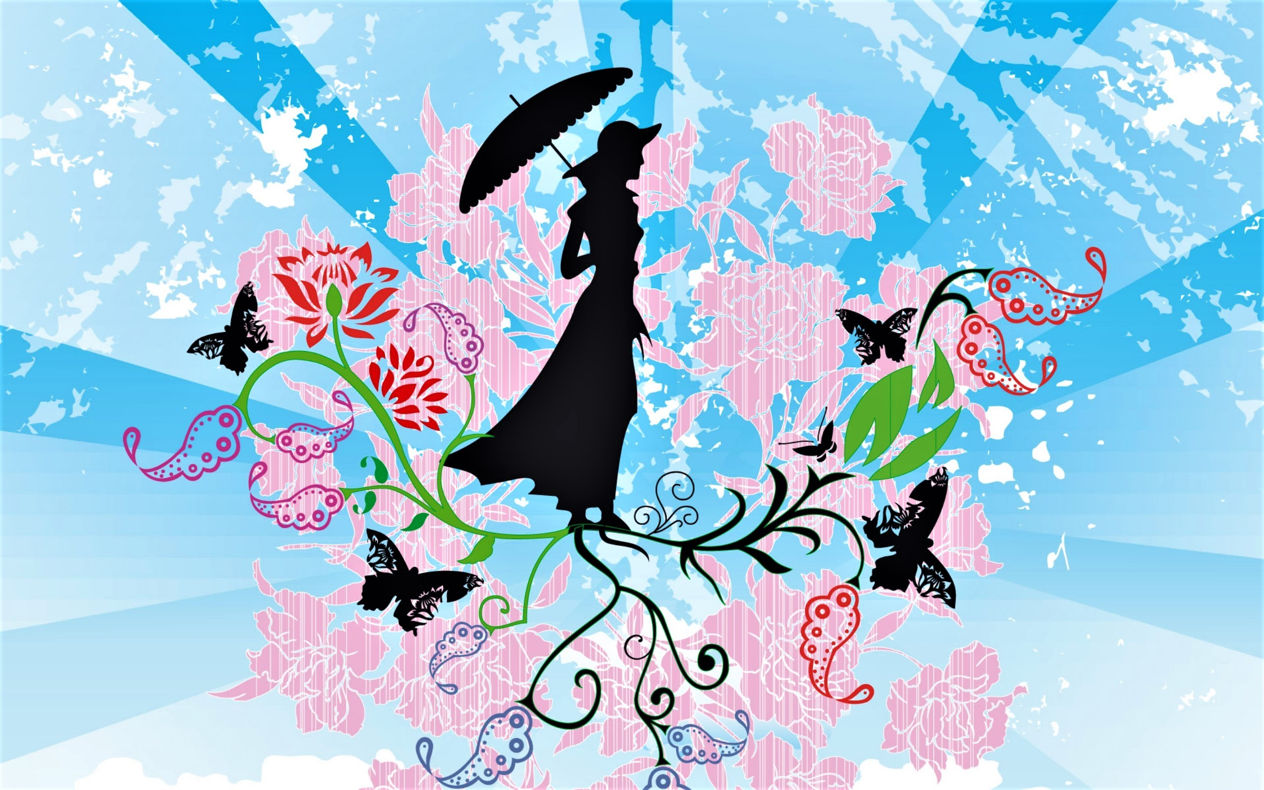 Abstract Butterfly Flower Silhouette Umbrella Vector Woman 2560x1600